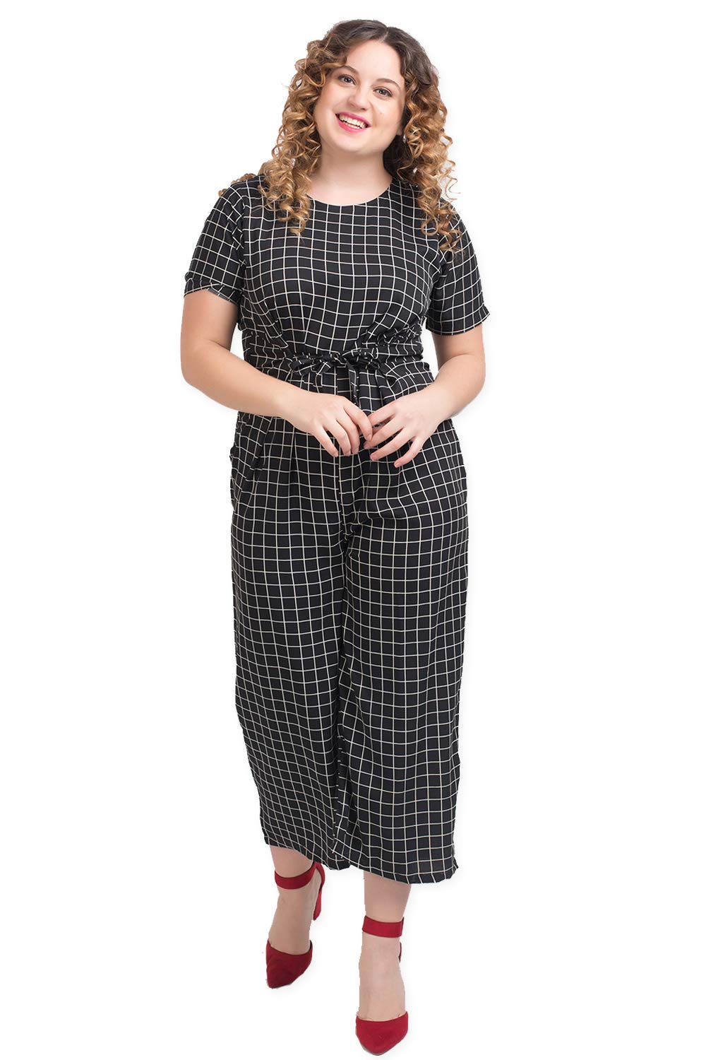 Lastinch Women's Black And White Check Jumpsuit With Front Knot (Size M-8XL) (Medium) (Size:41-42inches)