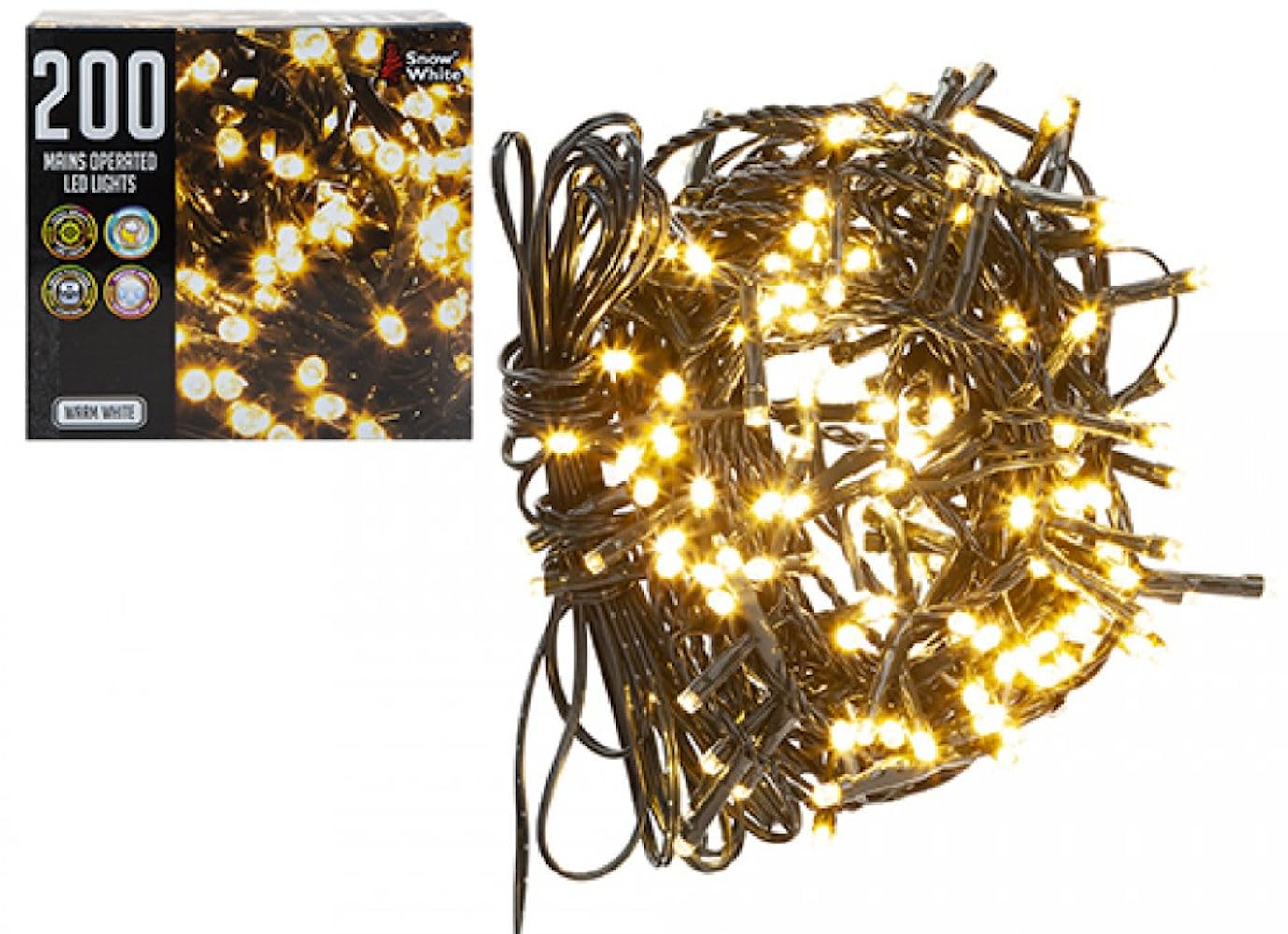 Warm White LED Lights - 200 Multi-Function, Mains Operated