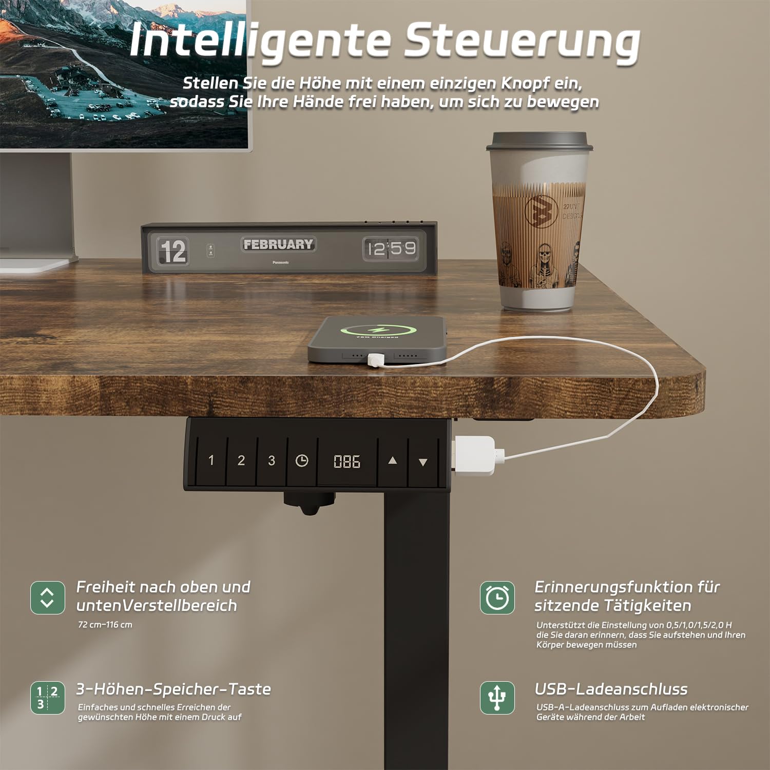 Airfish Höhenverstellbarer Schreibtisch 140x70 cm, Elektrisch Schreibtisch mit Kabelwanne, Computertisch mit USB-Buchse, Bürotisch, Stehpult mit Erinnerung an sitzende Tätigkeiten, Vintage-Braun