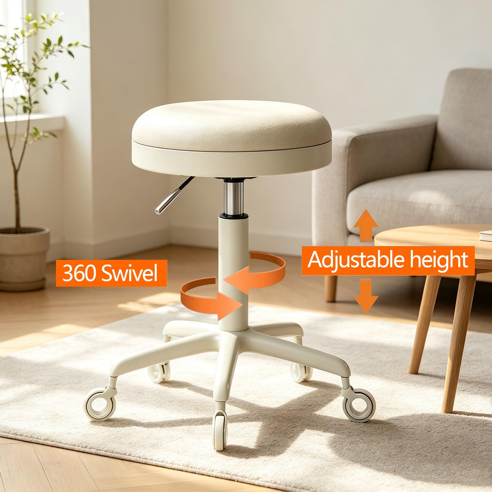 Taburete Giratorio Cocina con Ruedas Regulable en Altura 47-64cm Silla Alta | Taburete de Tocador Ergonomico Flexible Seating, Tapizado en Polipiel, Base Estable, para Peluquería Oficina Hogar(Silver)