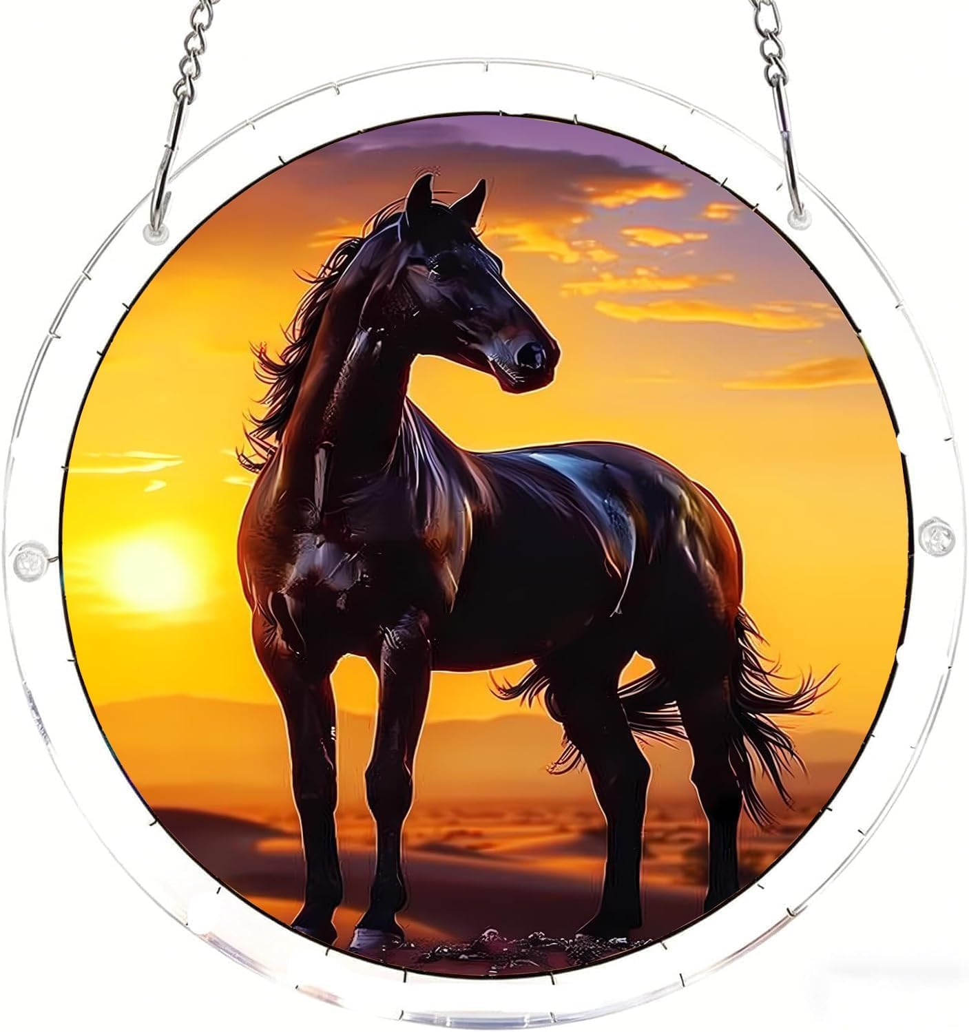 Black Horse at Sunset Acrylic Jigsaw Puzzles Suncatcher, 7.4 Inch Window Hanging Suncatcher Acrylic Puzzle, DIY Home Decor Art Gift