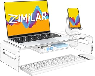 Zimilar 20 inch Large Monitor Stand Riser with Phone Stand, Crystal Acrylic Monitor Stand with Keyboard Storage, Premium Clear Computer Stand Riser, Clear Acrylic Laptop Stand with Storage Drawer