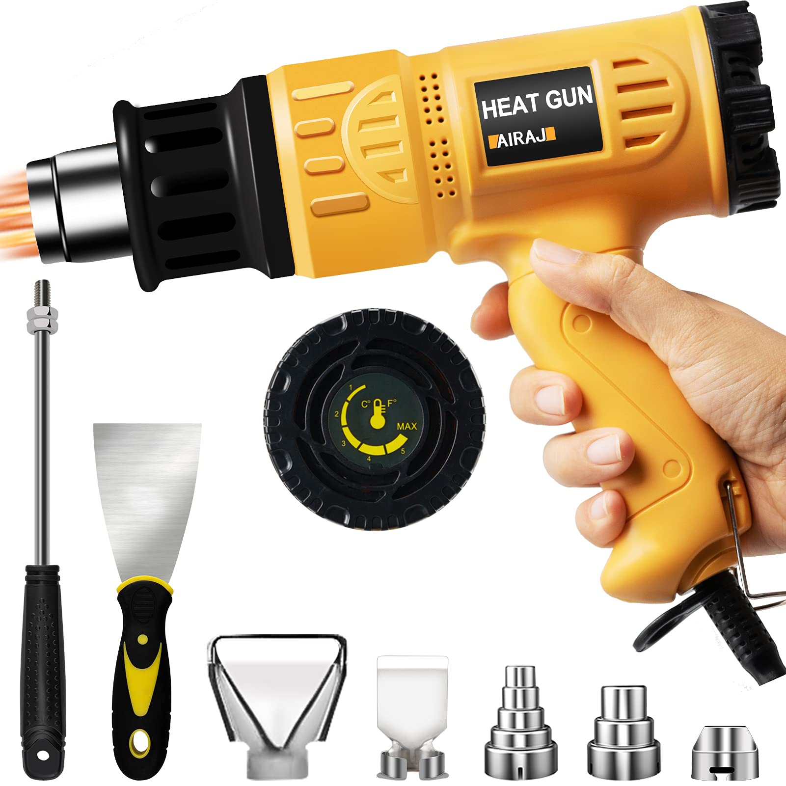 AIRAJ Heat Gun,Hot Air Gun with 2 Temperature Model (50℃-600℃) 220V 1800W,Ergonomic Handle,Suit for Stripping Paint,Welding Pipe,Shrinking PVC,Crafts and DIY Home Decoration,Professional Heat Gun