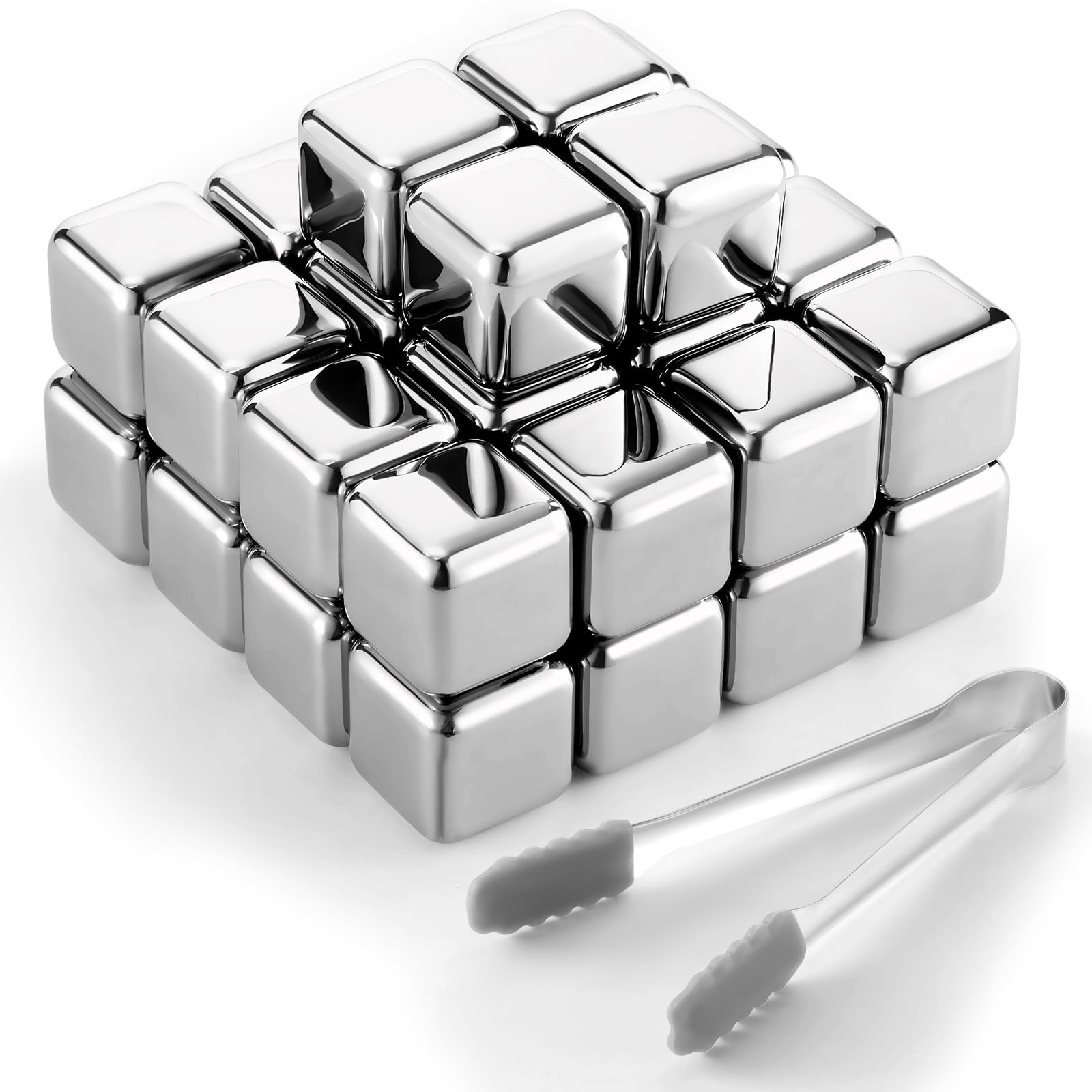 Yexiya 36 Pcs Reusable Stainless Steel Ice Cubes with Tongs Whiskey Cubes Vodka Metal Rocks Tool Ice Stones Rocks for Summer Drinks Chilling Whiskey
