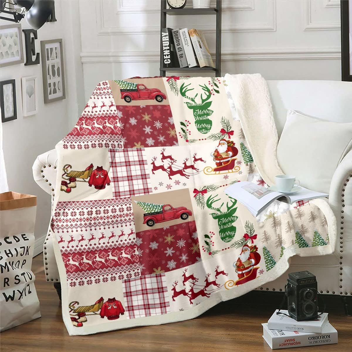 Homewish Weihnachtsdecke 150x200, Weihnachtsbaum Weihnachtsmann Hirsch Fleece Rot Büffelkaro, Winter Urlaub Sherpa Schneeflocke Dekor, Rot Grün