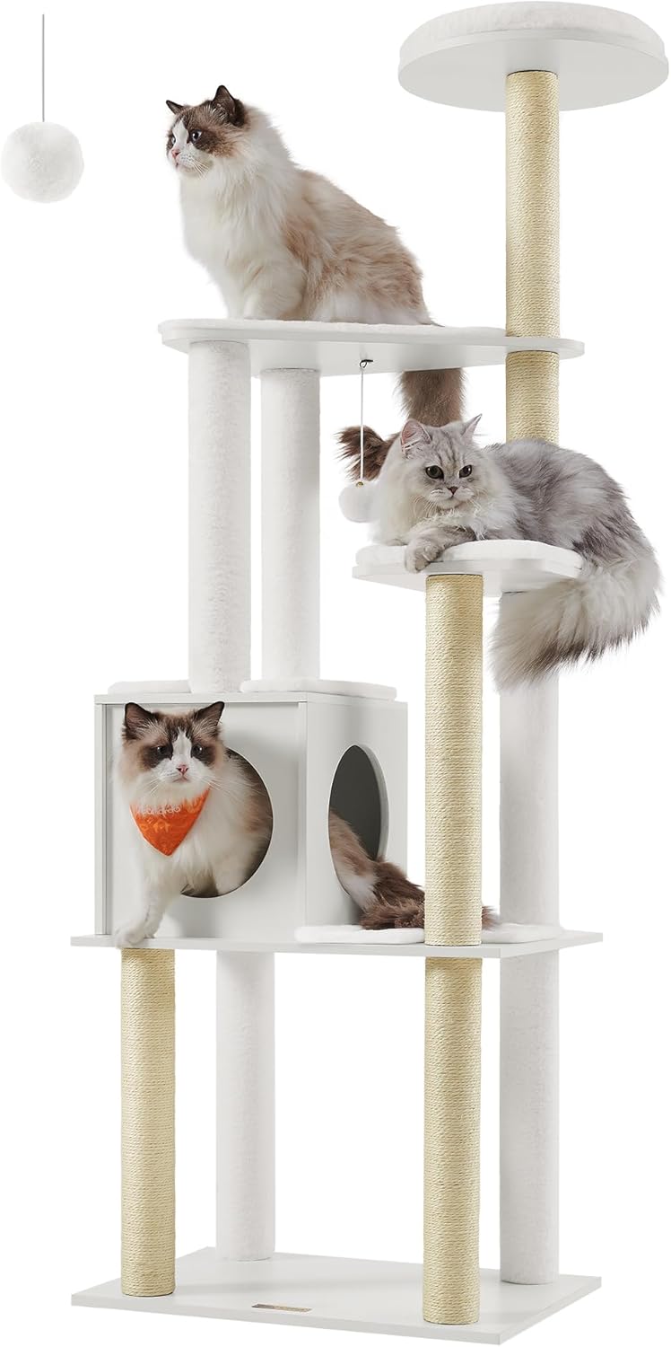Feandrea Cat Tree, 65-Inch Modern Cat Tower for Indoor Cats, Multi-Level Cat Condo with 5 Scratching Posts, Perch, Washable Removable Cushions, Cat Furniture, Cloud White UPCT166W01