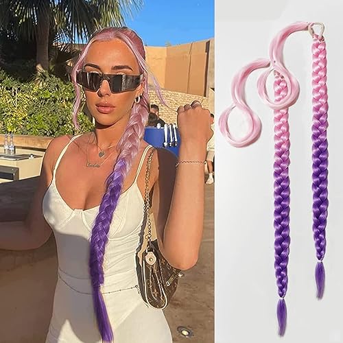 Paquete de 2 extensiones de cabello sintético suave y trenzado para mujeres negras, color rosa y morado, extensiones de cabello sintético suave para
