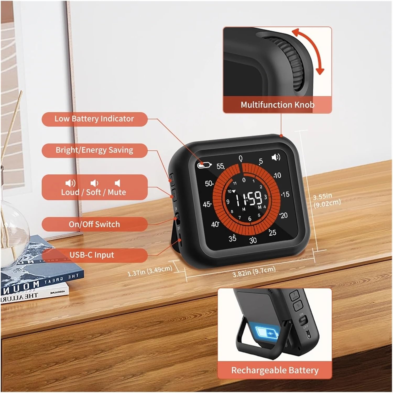 キッチンタイマー ビジュアルデジタルタイマー充電式キッチンタイマー磁気回転タイマーメモリ機能付き料理研究ストップウォッチタイマー シ