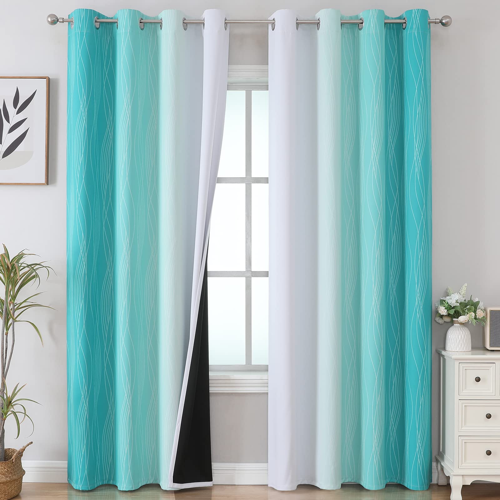 Estelar Textiler Teal and Greyish White Blackout Curtains 102 Inch Length 2 Panels Set, Thermal Insulated Ombre Grommet Drapes for Bedroom, Room