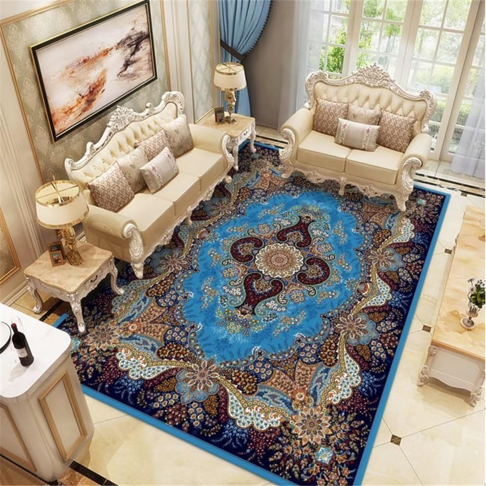 Tapis de chambre fille bleu 160x230 grand tapis salon géométrique