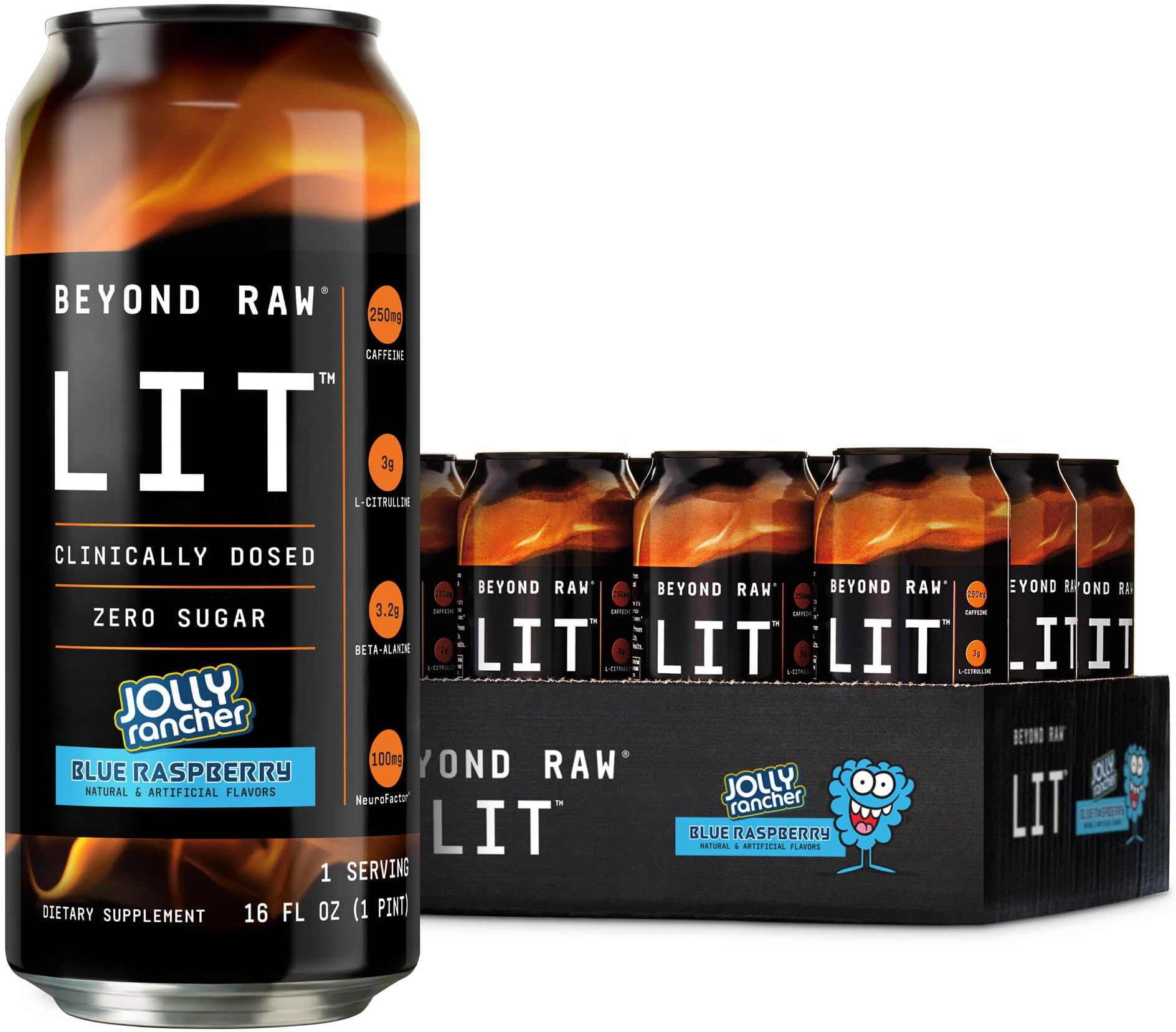 Beyond Raw LIT Ready to Drink Pre Workout, Jolly Rancher Blue Raspberry, For Energy, Focus, Intensity and Pumps, With Nitric Oxide Boost, Zero Sugar, 250mg Caffeine with Beta Alanine, 12 Cans
