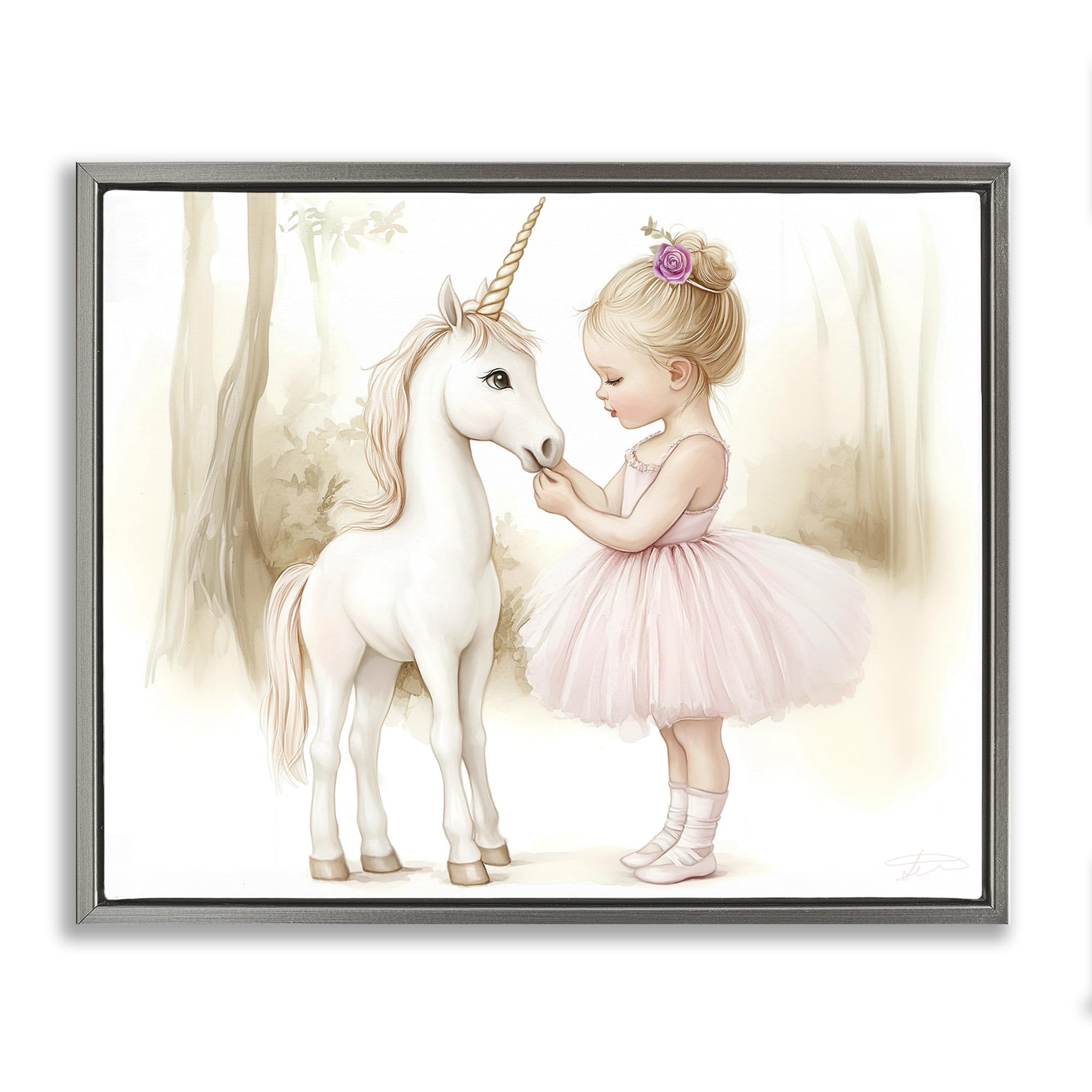 Stupell Industries Girls Luster Gray (Matte) ' & Unicorn Friendship'| Floating Frame Canvas Art