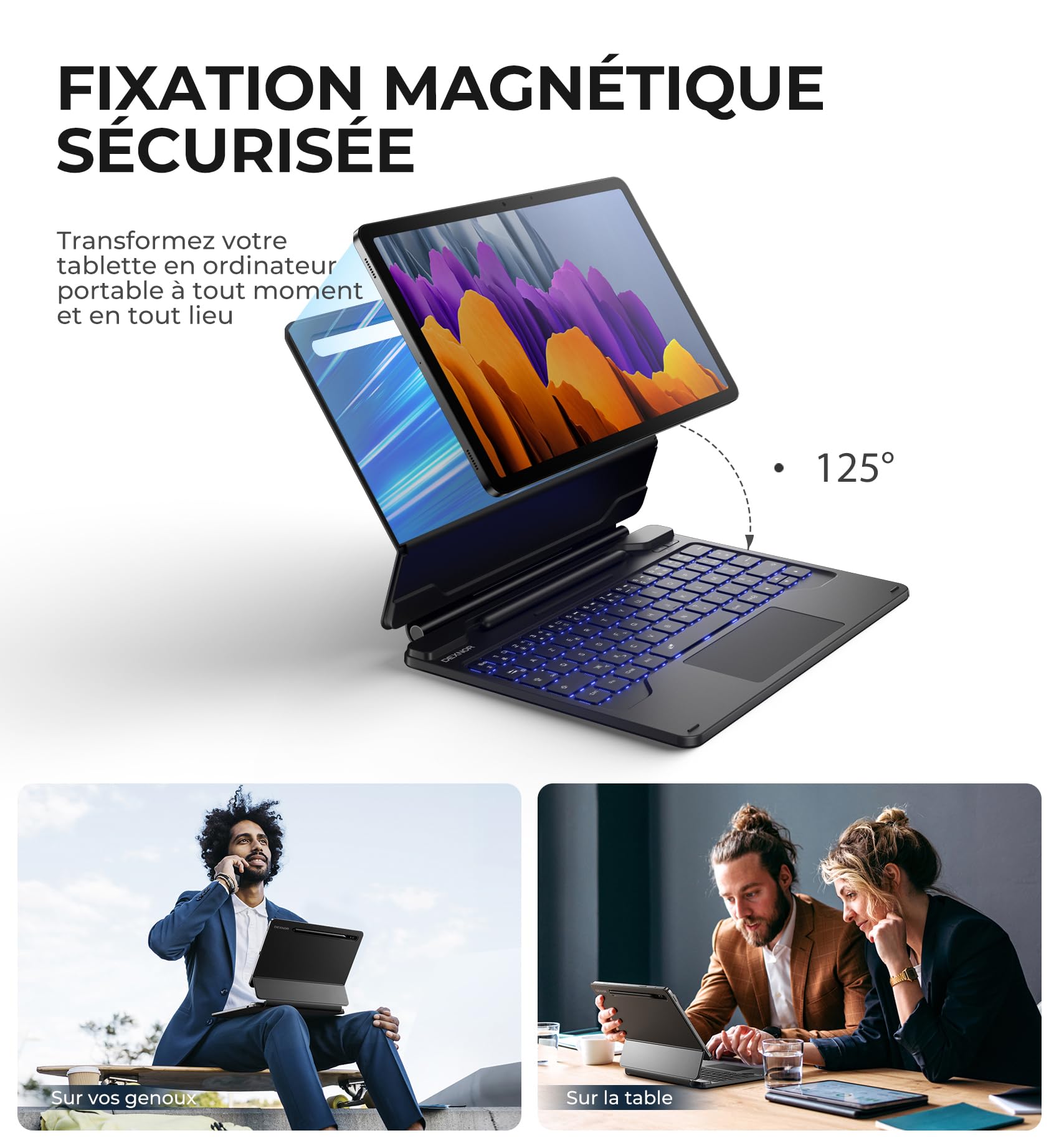 Dexnor Clavier Tablette pour Samsung Galaxy Tab S10 Lite/S10 FE/S9 FE /S9 10,9"/11" Magic Style Keyboard Magnétique avec Pavé Tactile Rétroéclairé Bluetooth avec Porte-Stylo AZERTY Français, Noir