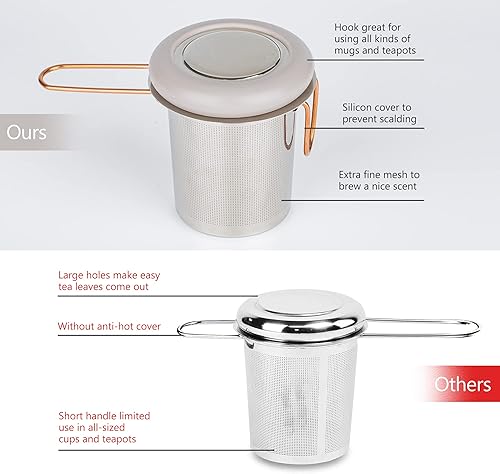 Miniatura 5 de Cesta infusora de té extra fina de acero inoxidable con mango plegable, gancho y tapa de silicona, perfecta para colgar en la mayoría de tazas,