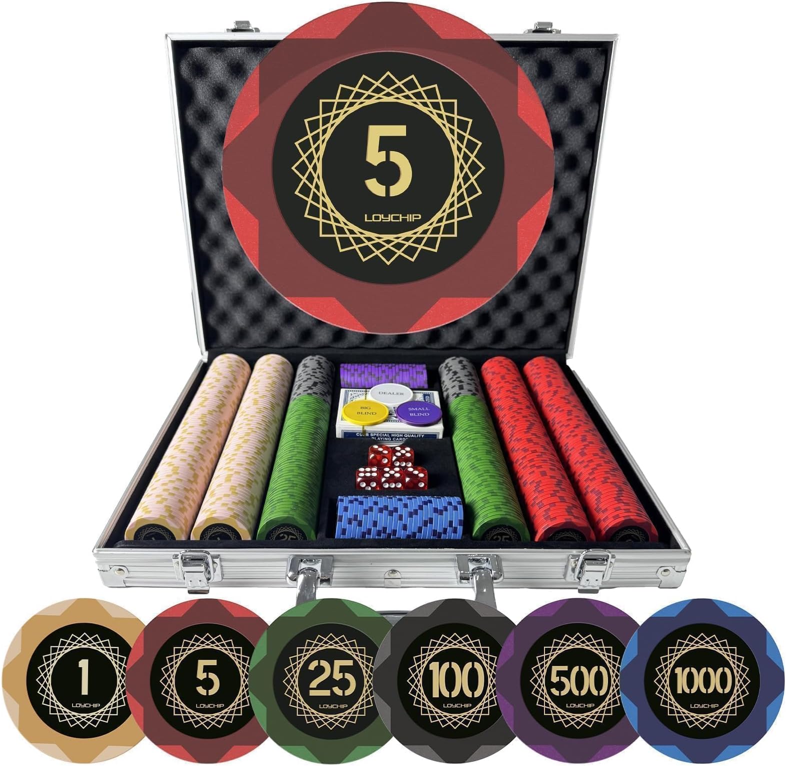 500 Piece Clay Poker Chip Set, Texas Holdem Blackjack 14g Heavy Clay Composite Numbered Chips with Aluminum Case 2 Decks 5 Dice Dealer Small Big Blind Buttons for Adult Casino Night