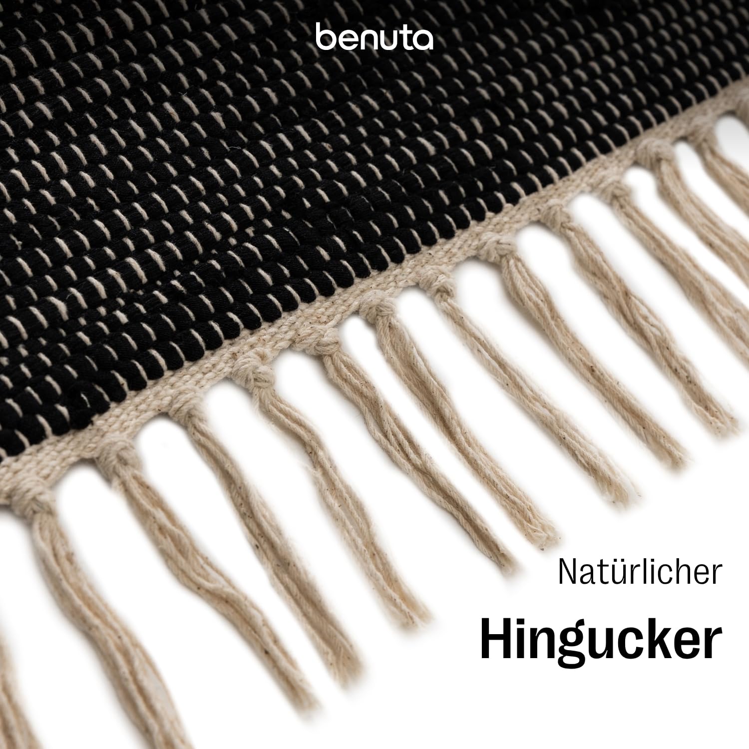 benuta Basic Baumwollteppich Tom - Schwarz/Creme 70x200 cm - Handgewebter Wohnzimmer Teppich - 100% Recycelte Baumwolle - Für Fußbodenheizung geeignet