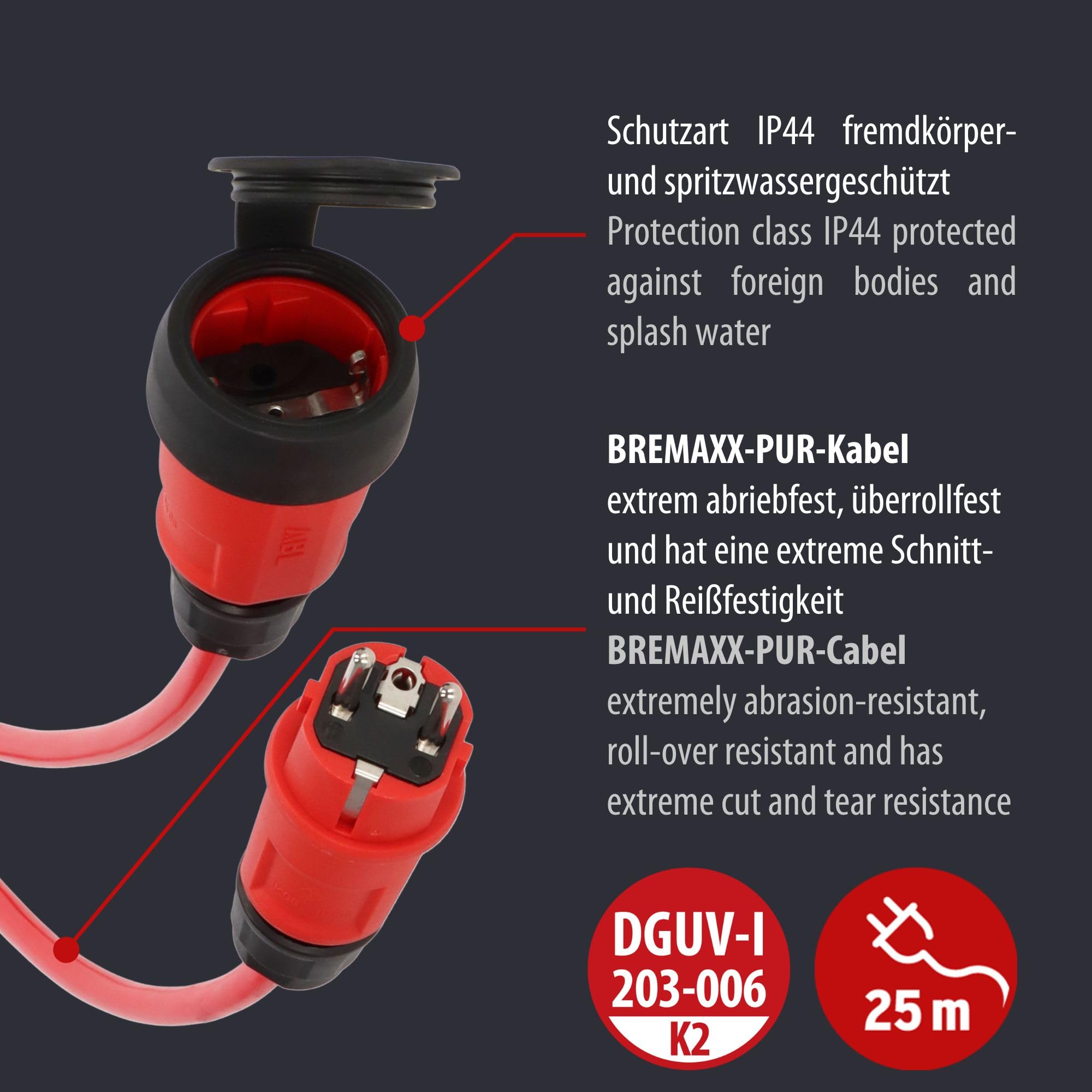 Brennenstuhl Professional przedłużacz VQ 2200 IP44, 25 m, H07BQ-F 3G2,5 w kolorze czerwonym, do zastosowania na placu budowy, do użytku na zewnątrz, Made in Germany