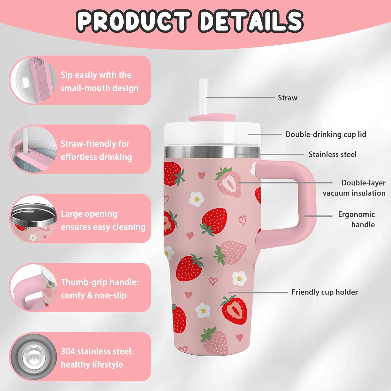 Strawberry Gifts for Girls - 14oz Cute Strawberry Kids Tumbler with Handle and Straw, Stainless Steel Insulated Water Cup, for School, Travel - Strawberries Themed Children Birthday Gifts Cups(1pc) - Image 3