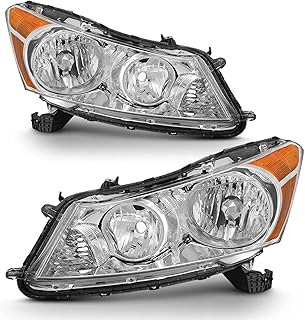 2008 2009 2010 2011 2012 Accord Headlight Assembly for 2008-2012 Honda Accord 4dr Clear Lens Chrome Housing with Amber Reflector Headlamp Replacement Left and Right Pair