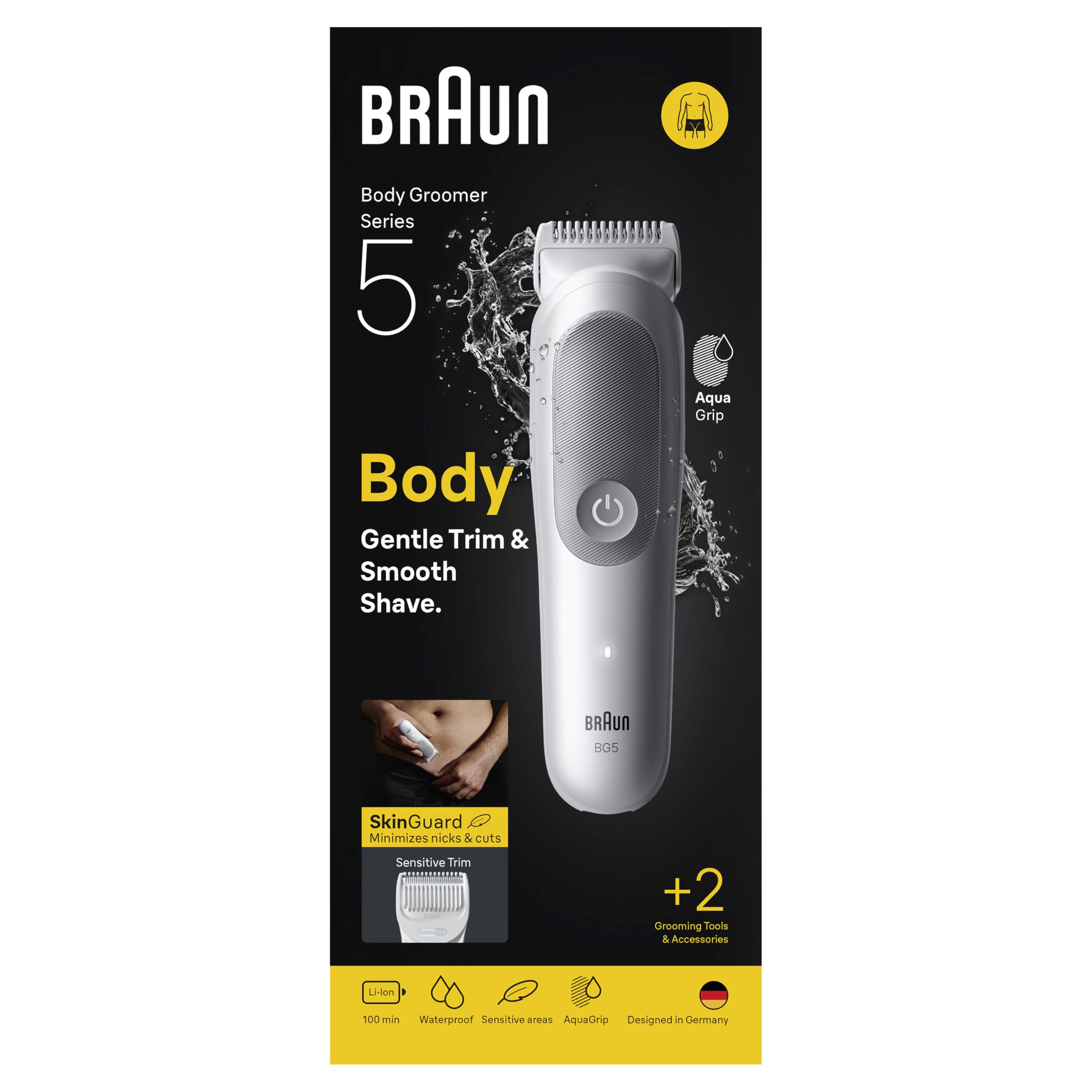 Braun Trimmer Per Il Corpo Serie 5, + 2 Strumenti Da Rasatura, Con Lama SkinGuard, Durata Di 100 Min, Morbido Per Zone Sensibili, Tondez, Rasare I Capelli Con Gli Accessori, Impermeabile, BG5500,