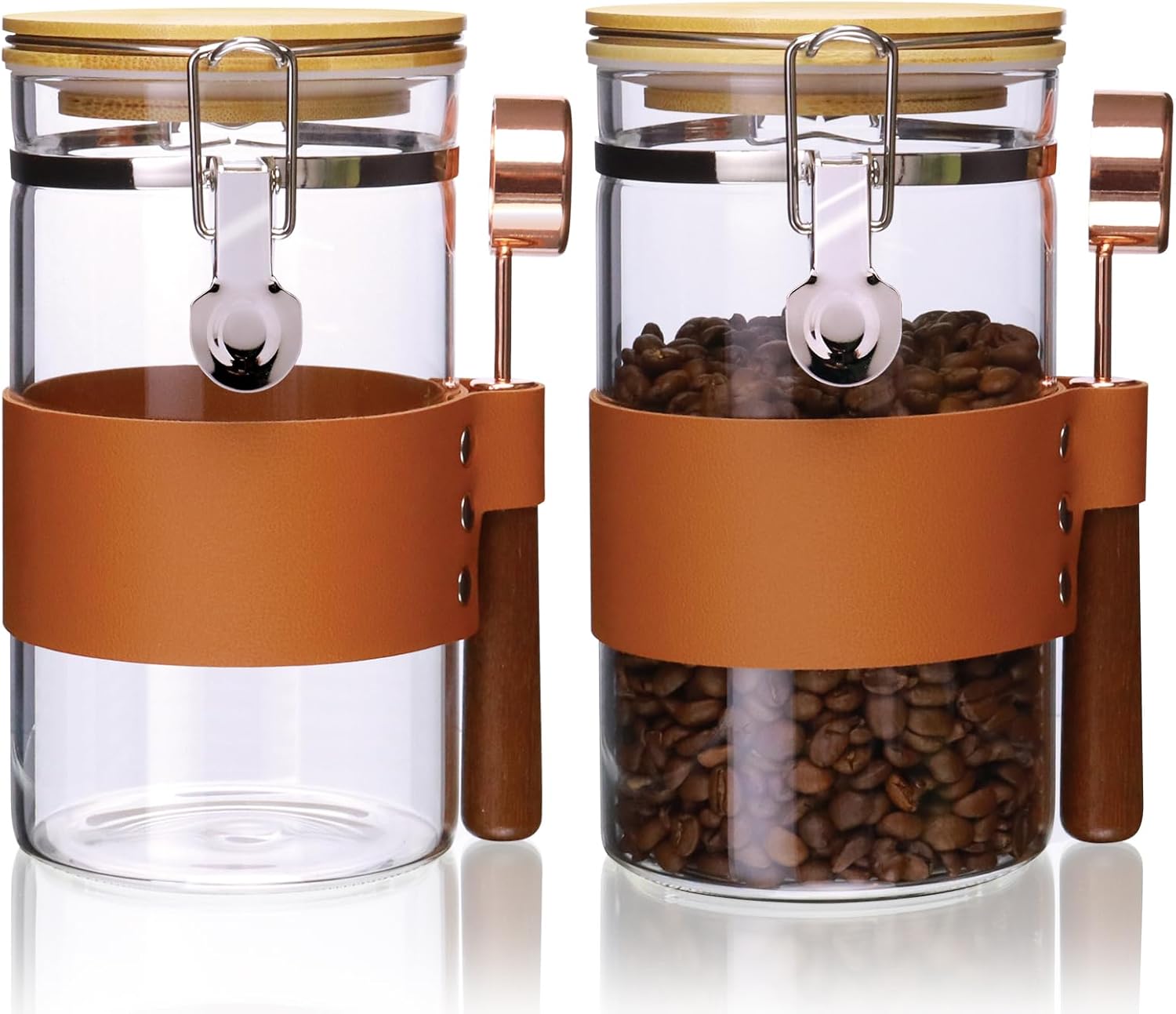 Glass Storage Jars with Spoon, Kitchen Food Storage jars with spoon, Glass Coffee Nuts Canister with Bamboo Lids, Scoop for Coffee Bean, Ground Coffee,Nuts, Cookie, Flour (40OZ×2)