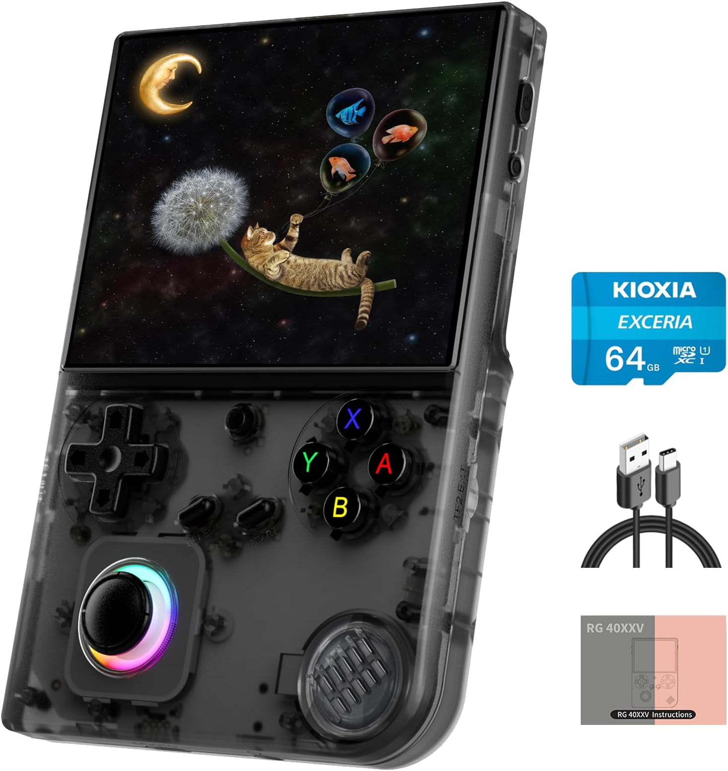 RG40XX V Linux OS Portable Game Console 64GB Storage 4.0-inch IPS Display H700 Quad-Core Bluetooth 4.2 3200mAh Battery 16M RGB Lighting(Transparent Black)