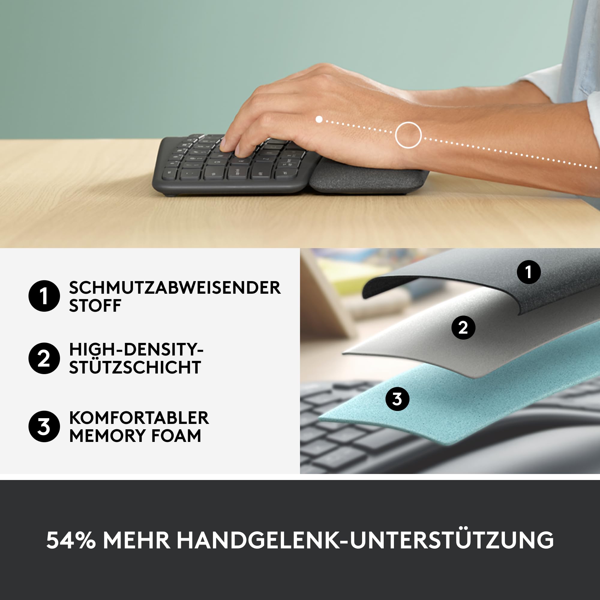Logitech ERGO K860 kabellose ergonomische Tastatur – geteilte Tastatur, Handballenauflage, natürliches Tippen, schmutzabweisendes Material, Bluetooth und USB-Verbindung, für Windows/Mac - Graphit