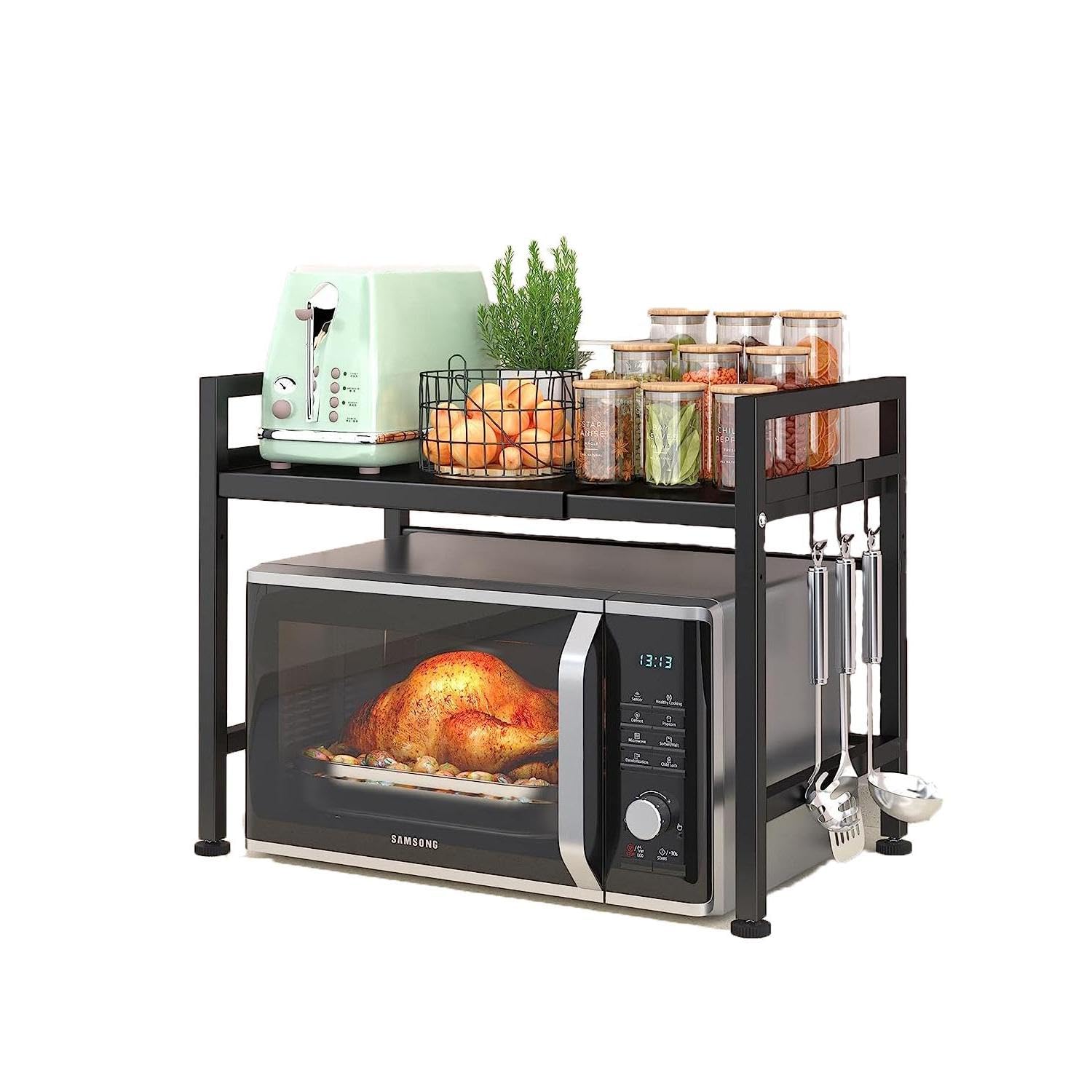 LUHWYJA Soporte Extensible para Horno de Microondas, Estante Ajustable, Rejilla para encimera de Cocina Organizador Estanteria Mueble con 6 Ganchos (2 Niveles, Negro)