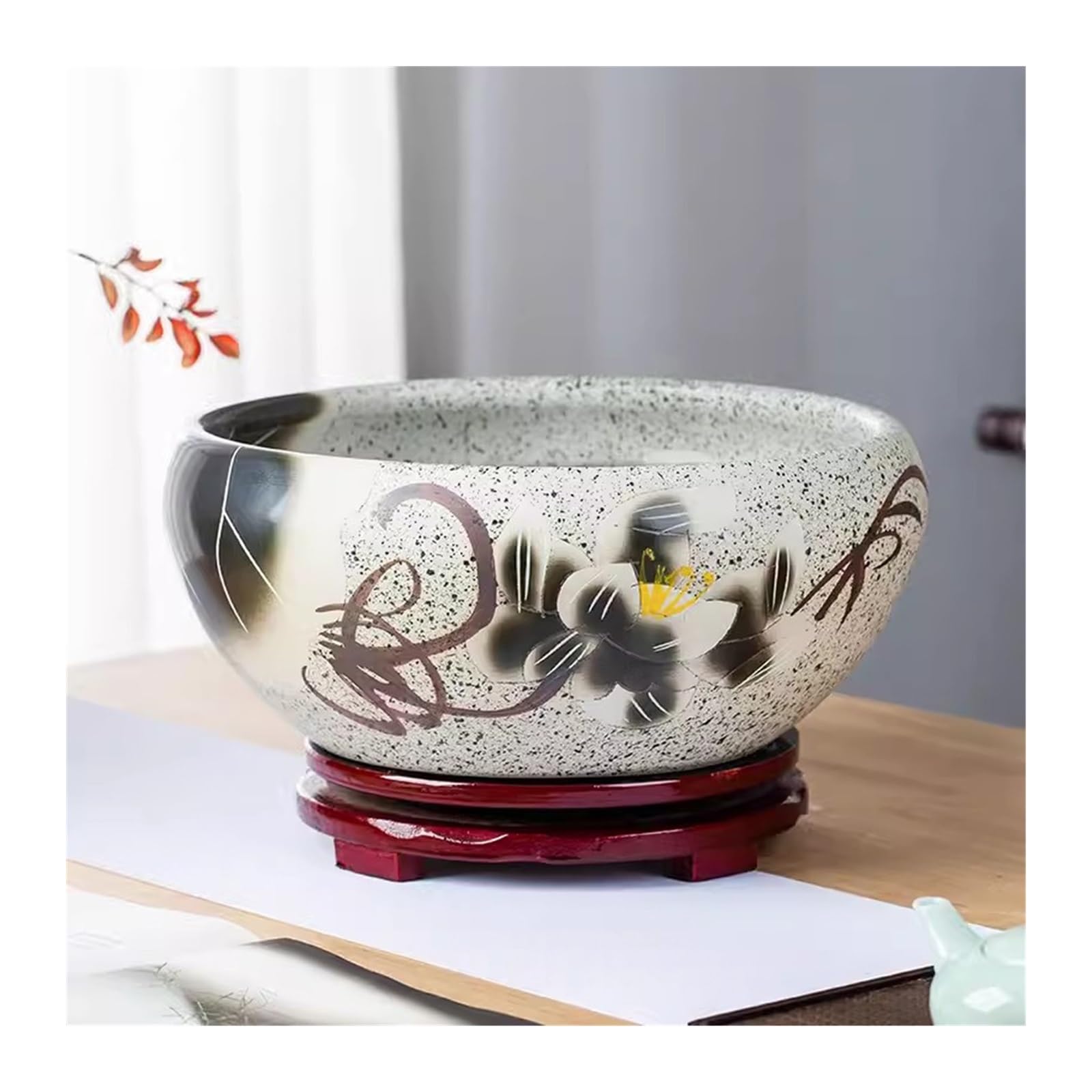 pecera decoración de escritorio, pecera de cerámica pintada a mano, lirio de agua, maceta de loto, jardín, jardín, pecera de cristal (32 cm)