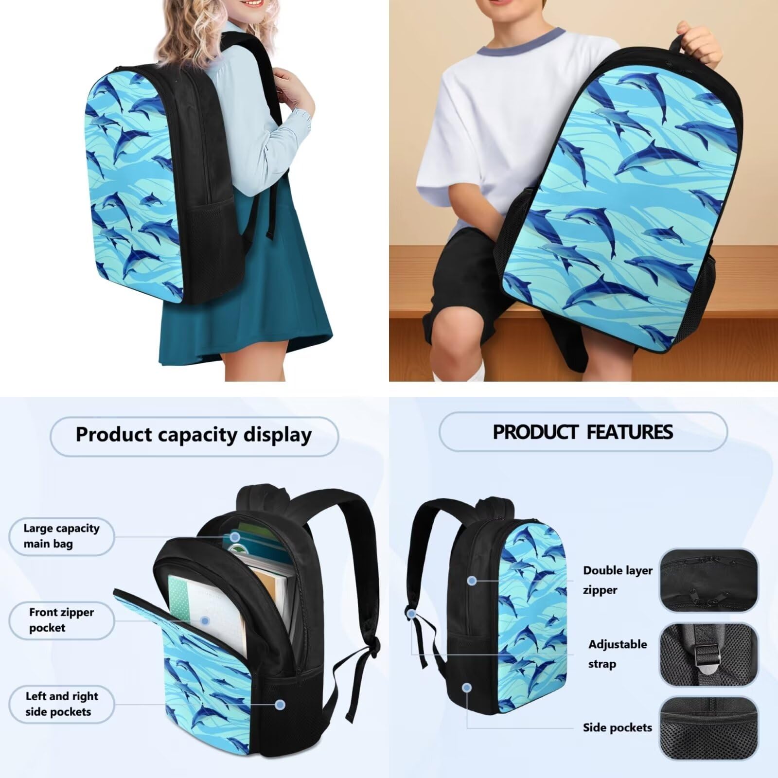 Zaino per la scuola per ragazzi e ragazze, zaino leggero con doppia cerniera, per adolescenti, 3 pezzi, borsa termica per il pranzo, penne, matite, zaino per studenti per scuola e asilo nido,