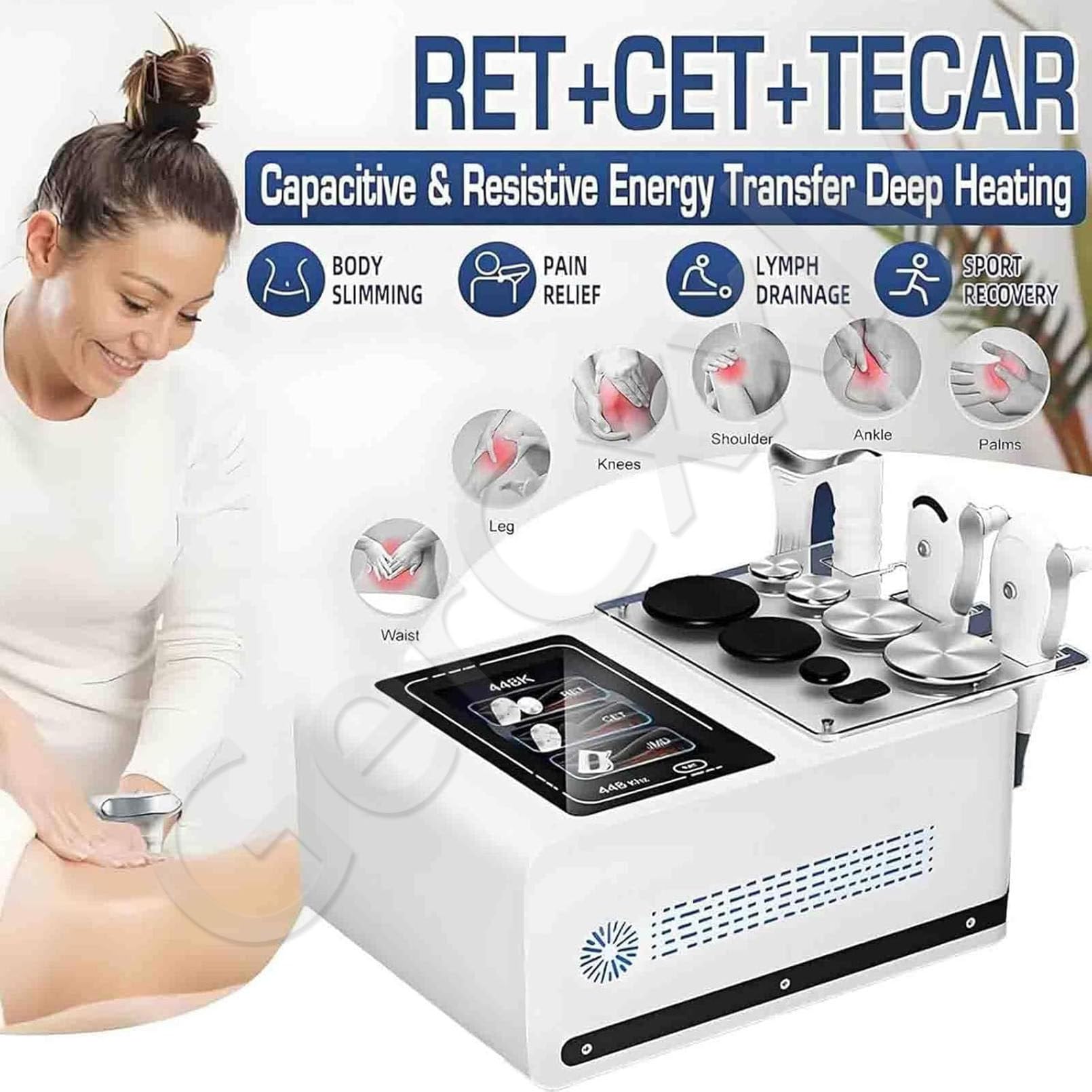 Apparecchio per Tecarterapia a Radiofrequenza 448k,con 3 Manipoli e 8 Postazioni di Lavoro,per Lifting Corporeo, Perdita di Grasso e Ringiovanimento del Viso White