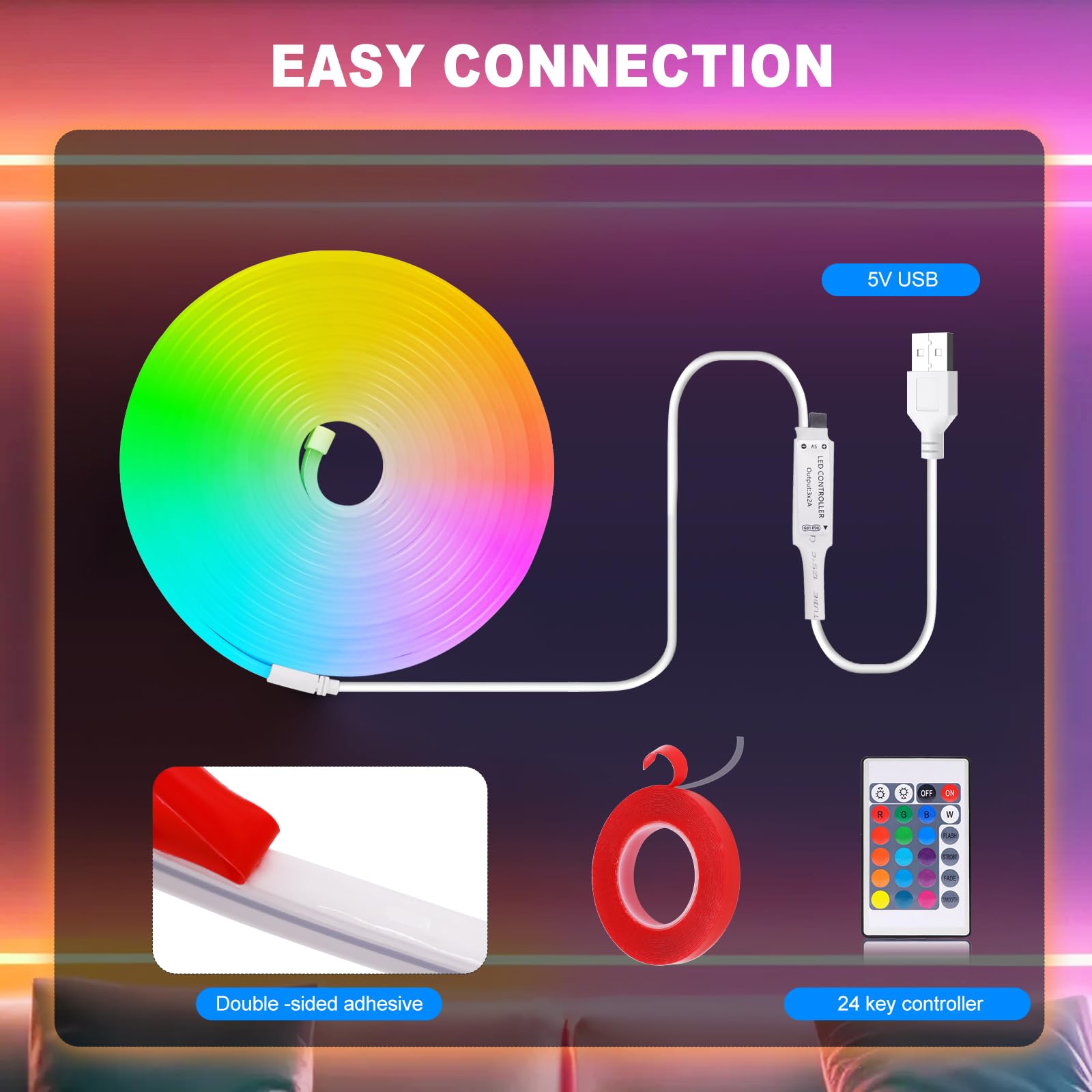 5V Neon Ruban LED, 108 Leds/m Néon Bandes LED 3535 RGB Light Strip Avec