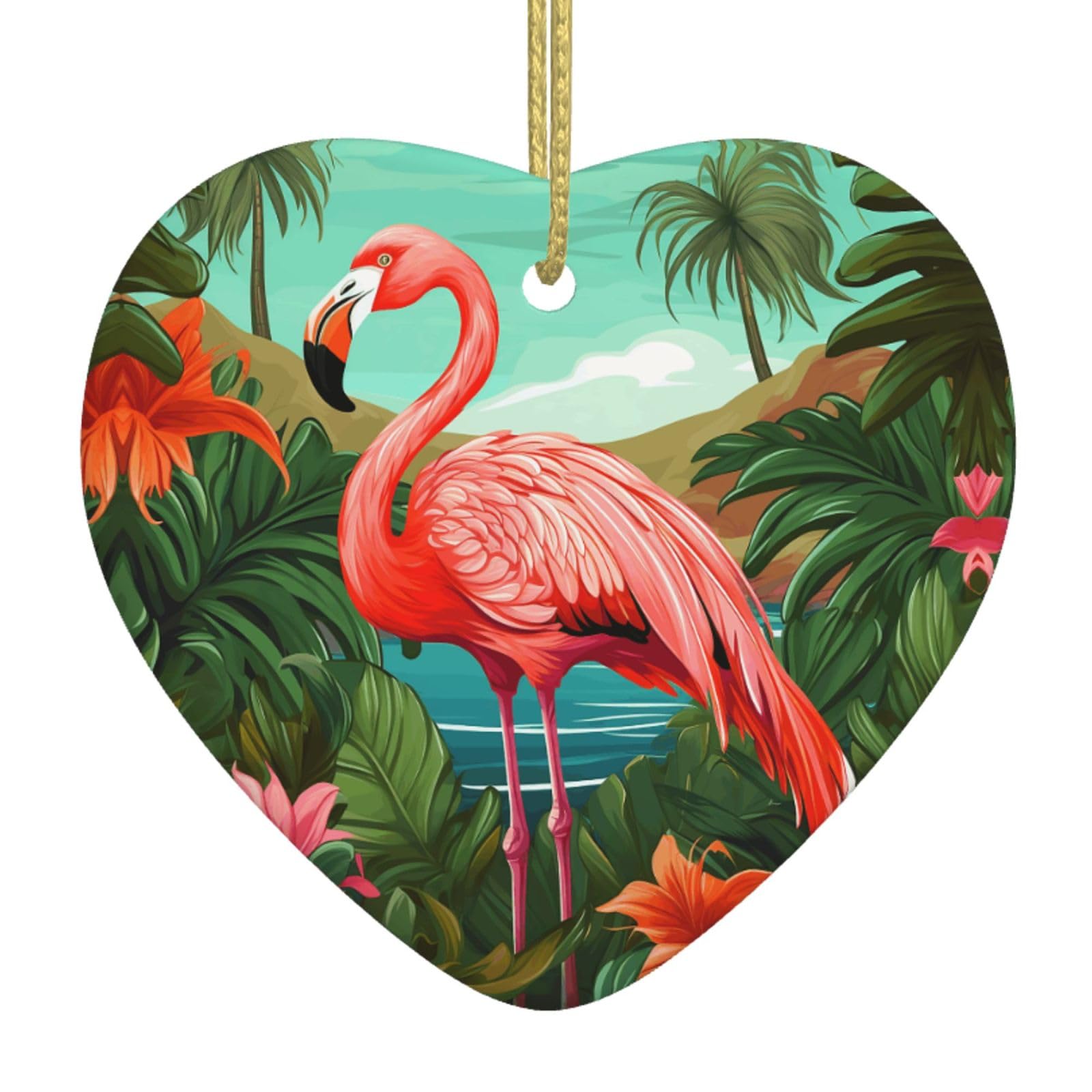 Ceramic Christmas Tree Hanging Ornaments with Gold Ropes Christmas Tree Decorations Heart Ceramic Tropical Flamingo Pendant Keepsake Decorations for Holiday Xmas Gift Ideas