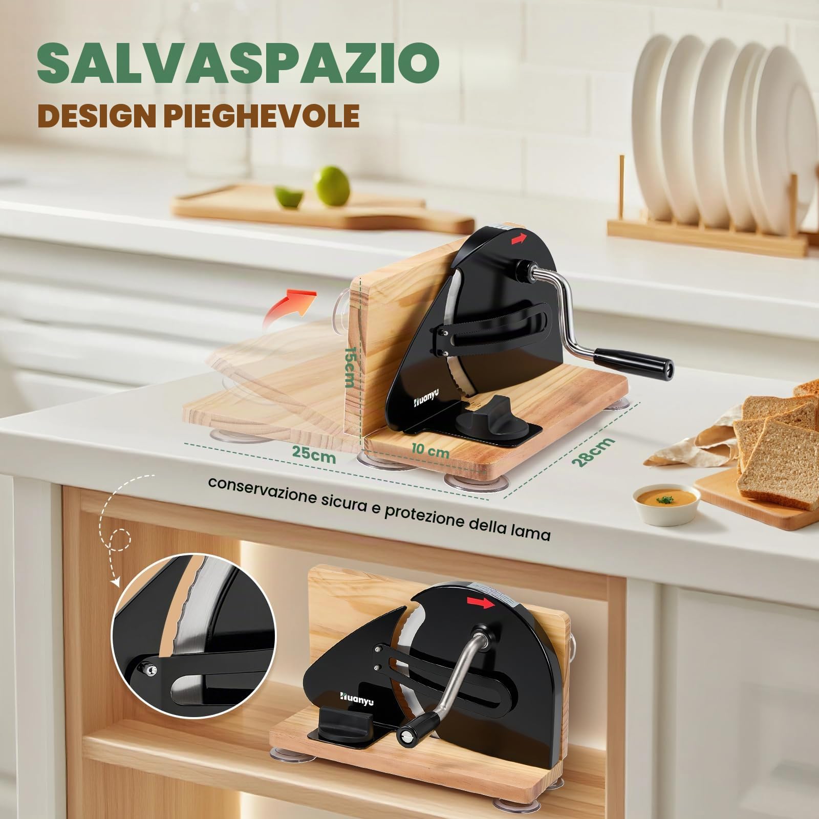 Huanyu Affettatrice manuale per pane con spessore regolabile da 0 a 2 cm Affettatrice pieghevole per pane a lievitazione naturale con ventose (Nero)