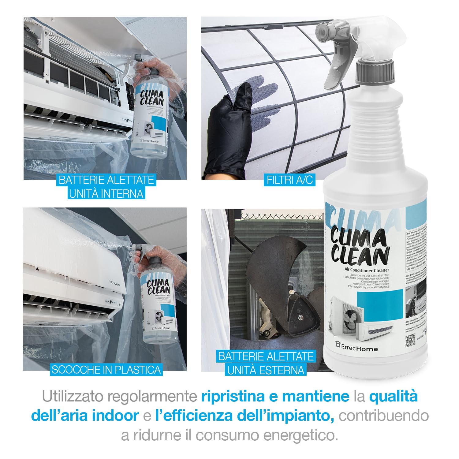 ErrecHome Kit pulizia climatizzatori, include Clima Clean 1L detergente pulizia unità interna e filtri, cover protettiva Clima Cover, Clima Tabs 40 pastiglie per pulizia scarico condensa, guanti