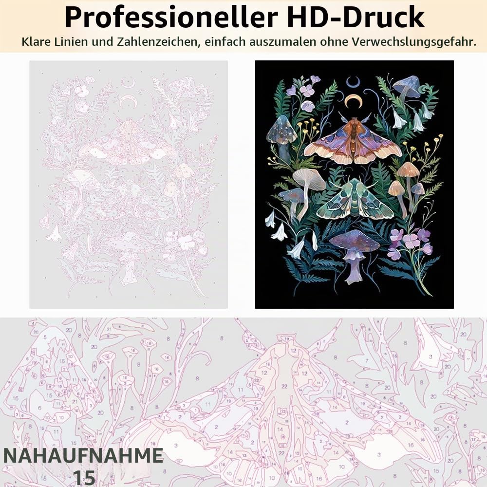 TISHIRON Malen nach Zahlen Erwachsene Anfänger, Motte DIY Malen nach Zahlen Kits für Erwachsene Kinder, Pilz und Blatt Öl Handmalerei Leinwand Geschenke Kunsthandwerk für Zuhause 40 x 50 cm (Rahmen)