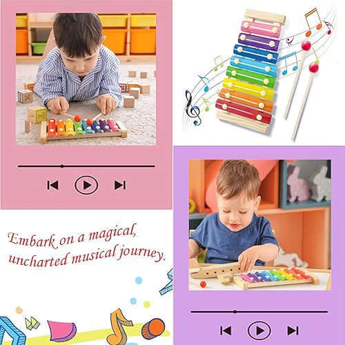Miniatura 5 de Xilófono de madera para niños, juguete de xilófono para niños pequeños con 2 mazos seguros para niños, 8 llaves diatónicas, instrumentos musicales