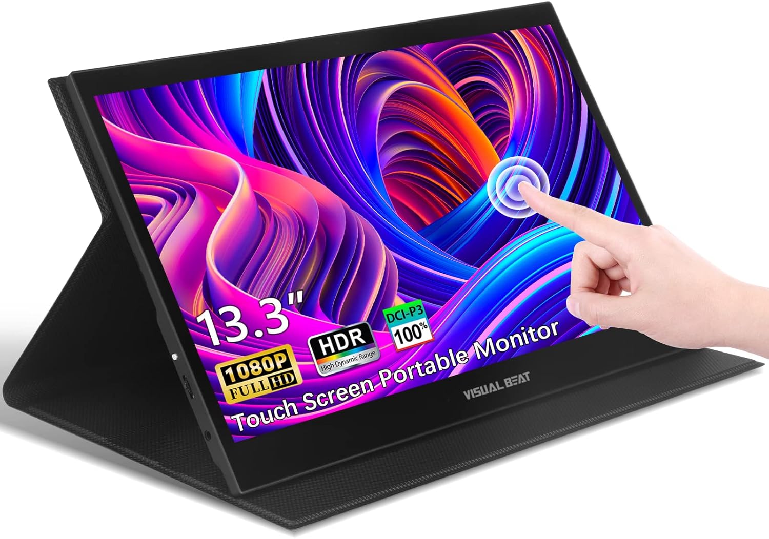 13.3” Portable USB Type-C Monitor Touchscreen, 1080P FHD, IPS, 100% DCI-P3, 10-Point Touch External Screen with Premium Smart Cover Dual Speakers for Laptop,PC,Mobile Phone,Mac,Surface,Xbox,PS4,Switch