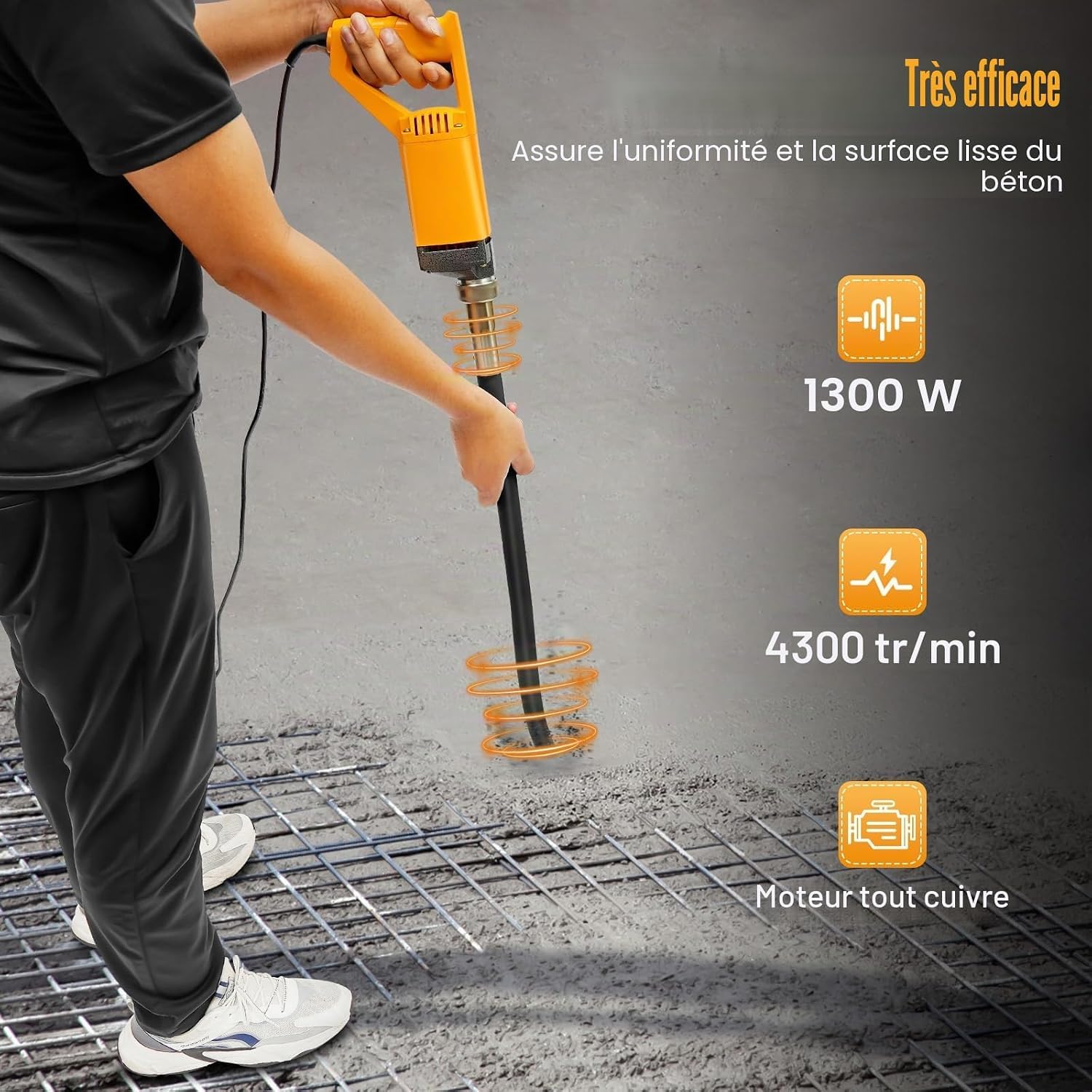 Vibreur Beton Betonniere Électrique 1300W Aiguille Vibrante Pour Beton 2M Vibrateur à Béton 4300 tr/min Plaque Vibrante Vibreur à Ciment Portable, Éliminer Bulles d'Air, Mélanger Le Béton