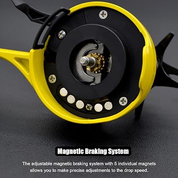 Snow Fall 500 Inline Ice Fishing Reel, 3+1 Ball Bearings and 2.5:1 Gear Ratio, Magnetic Drop Speed Control, Free Spool Release Trigger, CNC-Machined Aluminum Spool, Smooth Carbon Drag