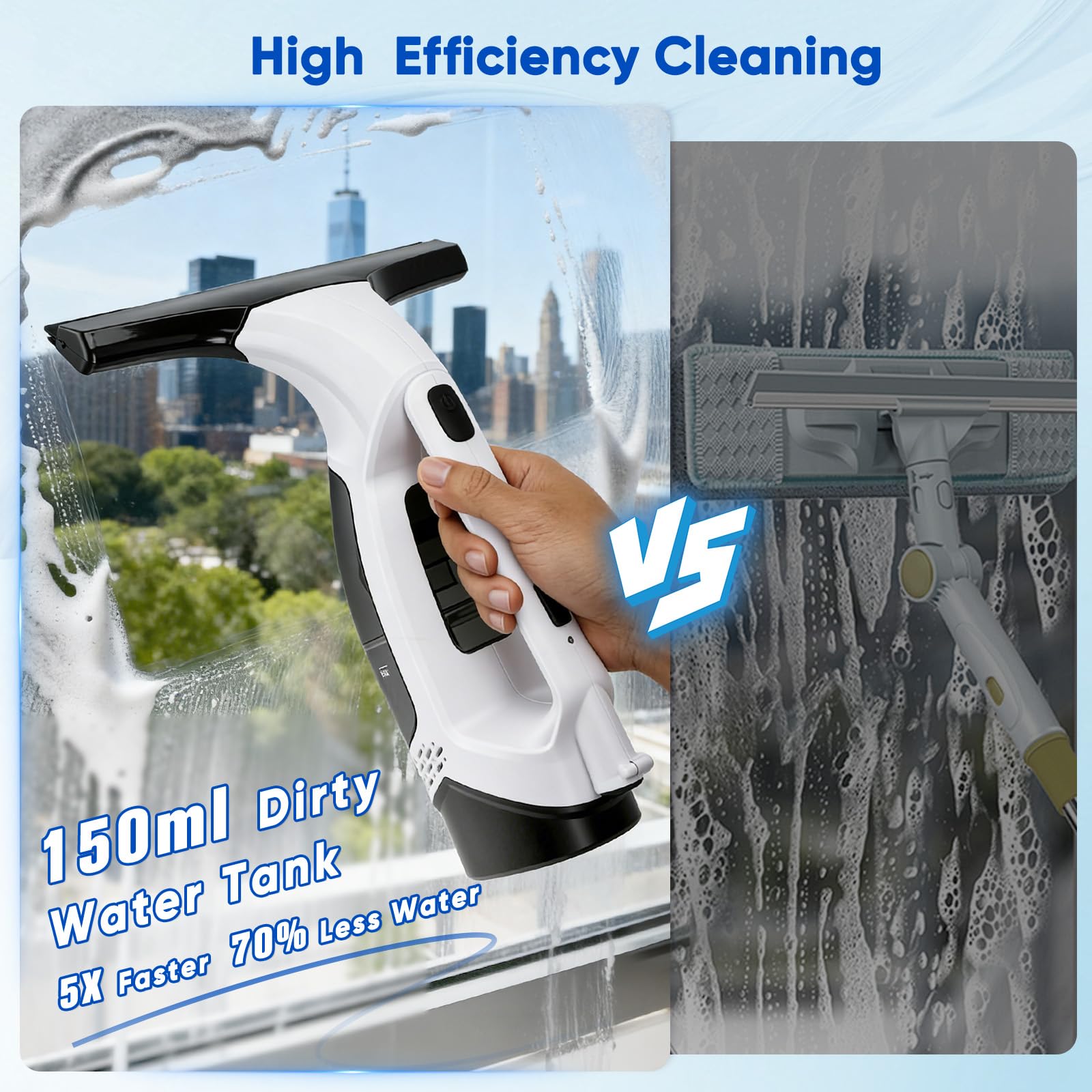 Limpiacristales Eléctrico Sin Cable 2000Pa, Aspirador de Ventanas con Batería 2200mAh 35min, Depósito 150ml y Boquilla 280mm, Carga USB-C, para Ventanas, Espejos, Azulejos y Coche