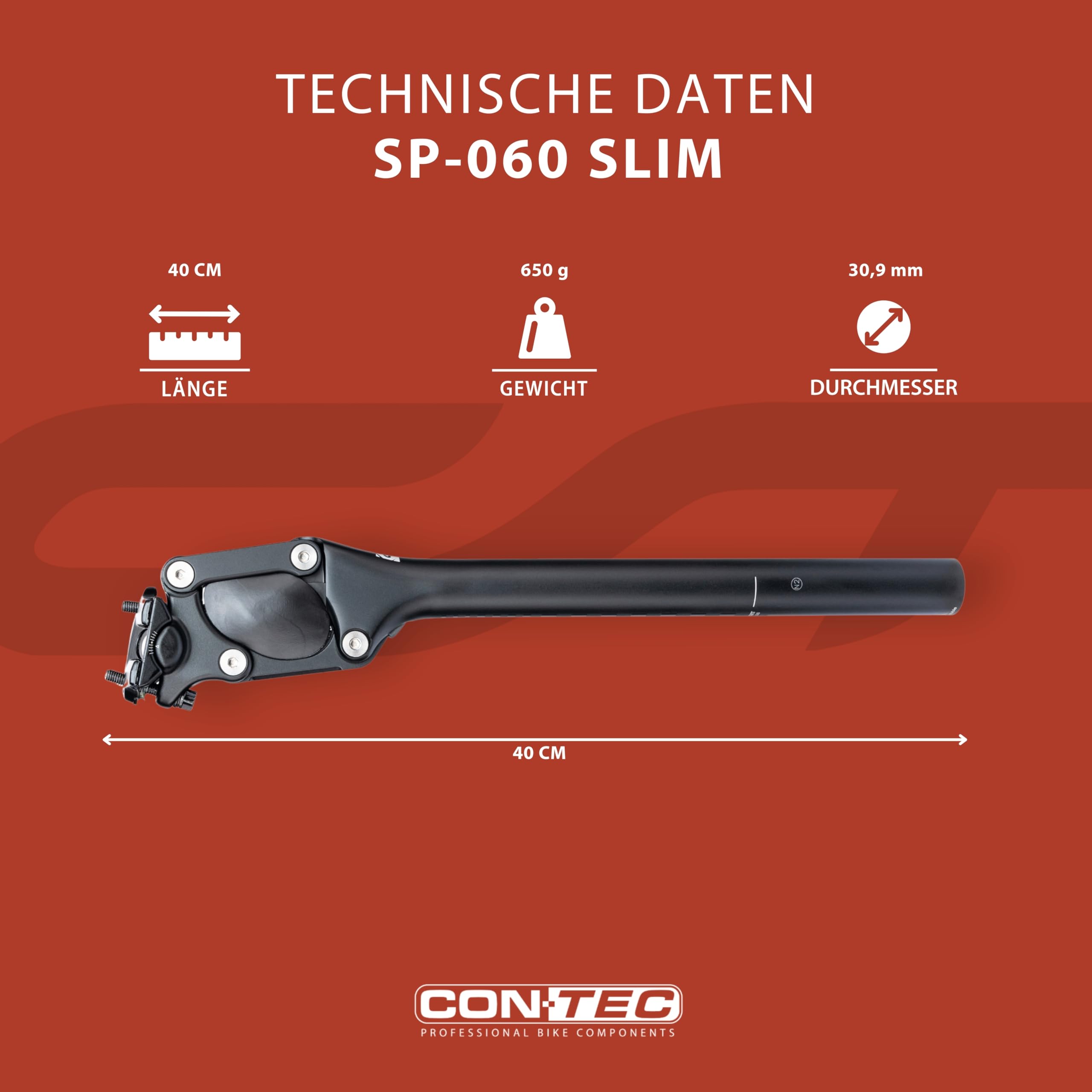 CONTEC Fahrrad-Federsattelstütze SP-060 Slim, Parallelogramm, Aluminium, Komfort für MTB & Citybike, Federung für Rücken-Entlastung, Schwarz
