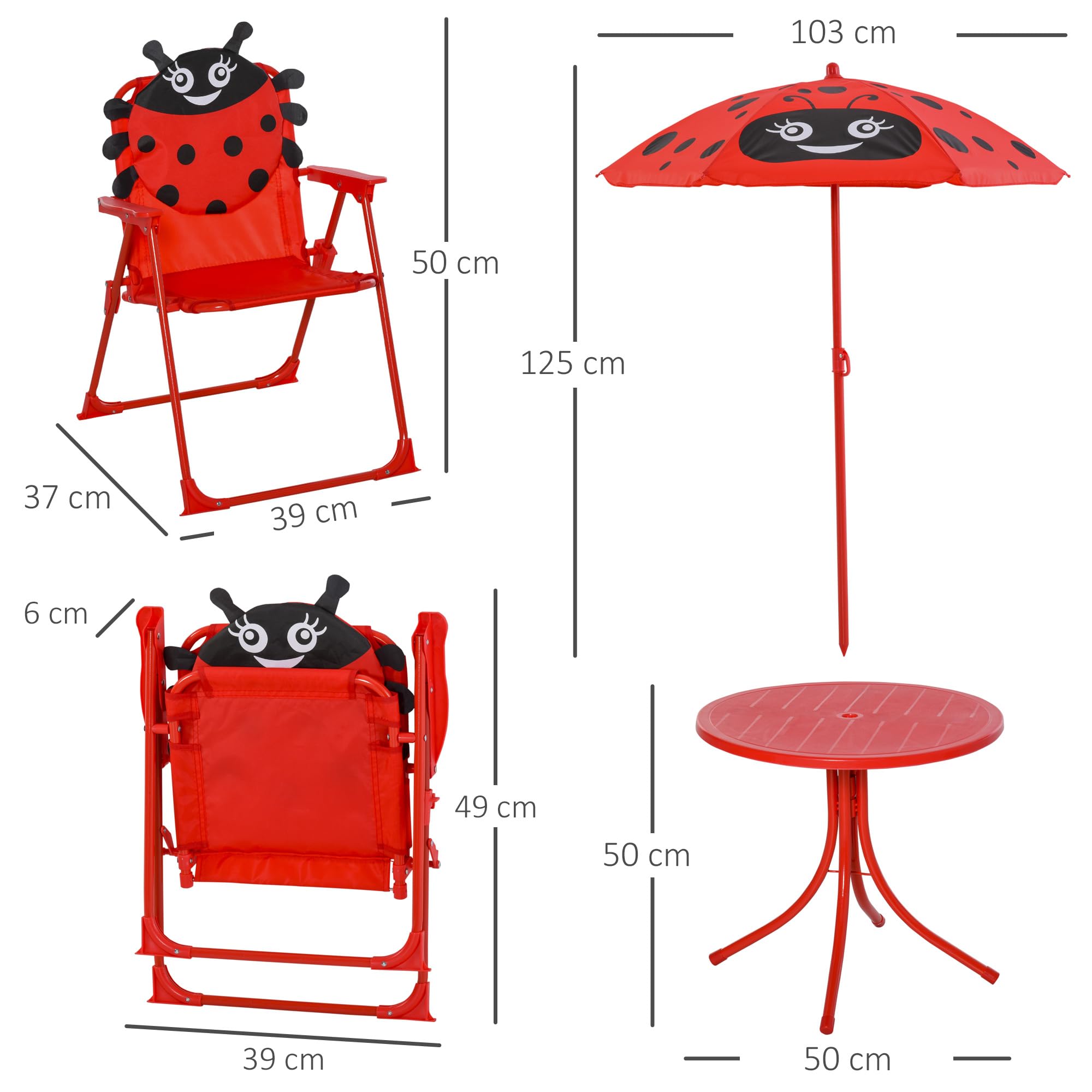 Outsunny Ensemble Salon de Jardin Enfant 4 pcs Design Coccinelle - Table Ronde + 2 chaises Pliables + Parasol - métal époxy Oxford Rouge