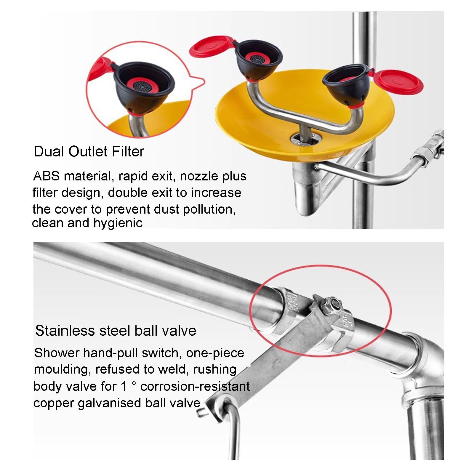 Estación de Lavado de Ojos, Sistema de Ducha de Emergencia Combinado, Estación de Lavado de Ojos de Acero Inoxidable 304 con Lavabo de ABS, Unidad de Lavado de Ojos de Plomería de Pie