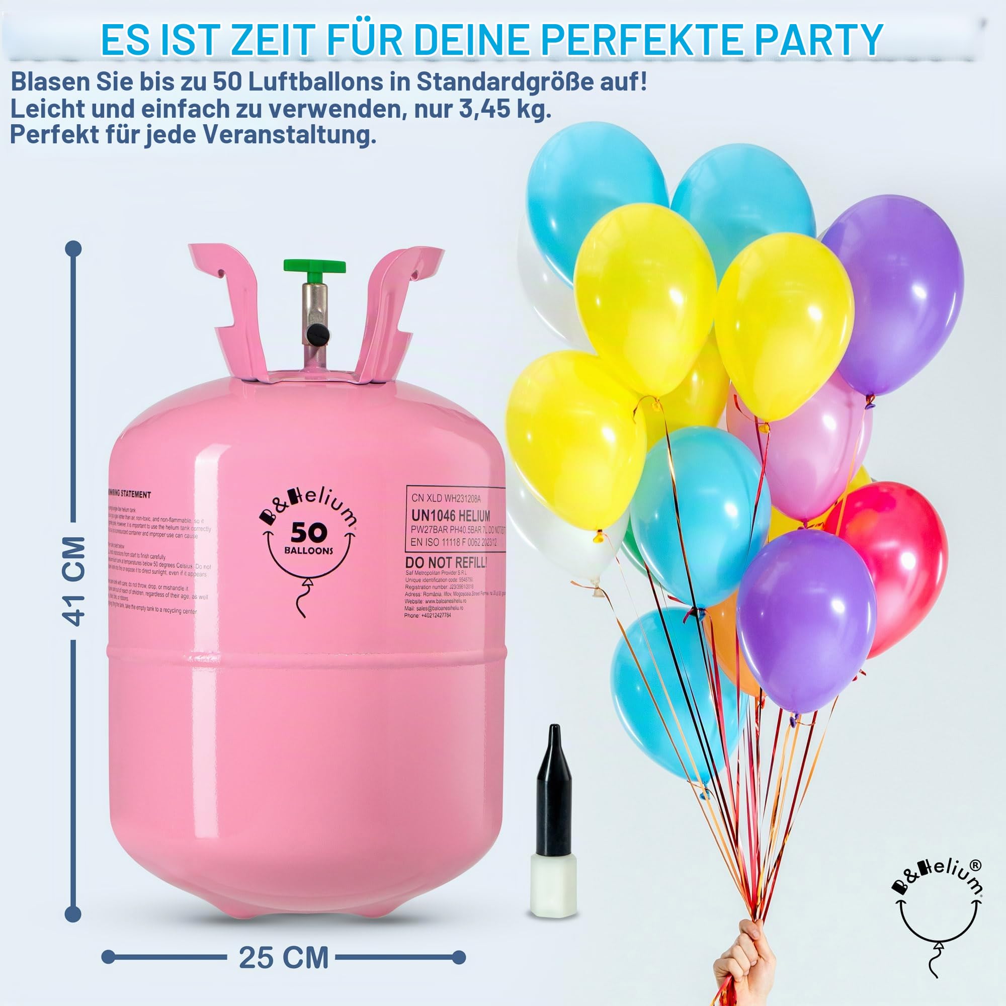 B&Helium – Set mit 50 langlebigen Ballons und Geschenkband – Inklusive Füllventil, mehrfarbigen Ballons und hochwertigem weißem Band – Ideal zur Dekoration von Partys und verschiedenen Veranstaltungen