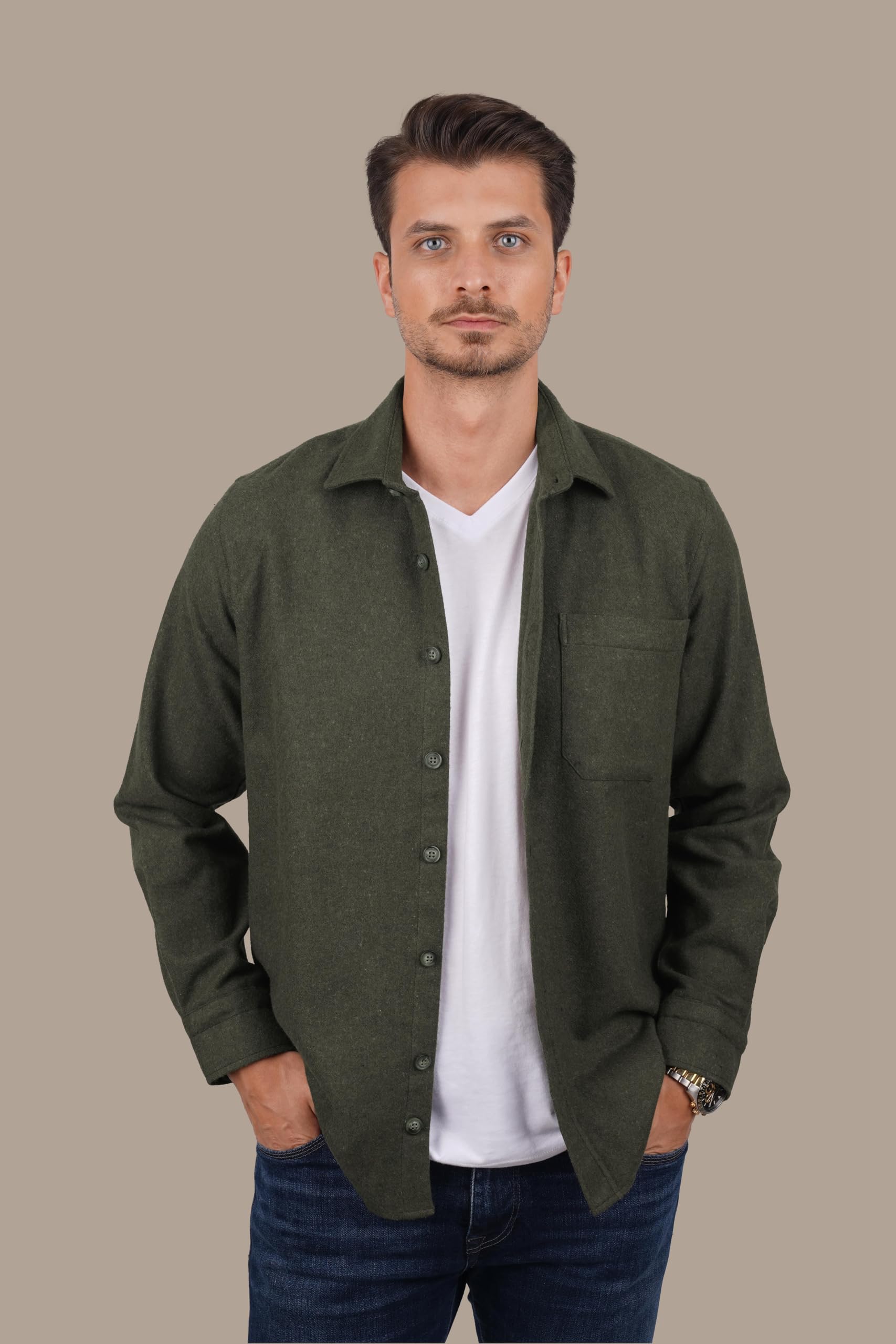Haki Düz Oversize Oduncu Hediye Kutulu Erkek Gömlek L