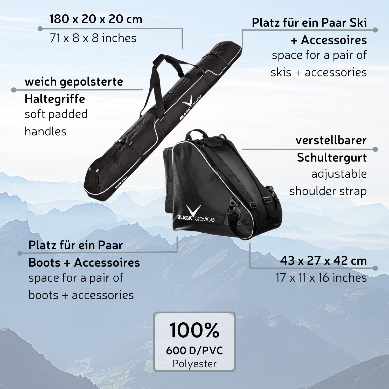 Black Crevice Set de Sacs de Ski I Set Combi I Robustes 600D/PVC I avec bandoulière I Sac de Ski : 180x20x20cm I Sac de Chaussures de Ski : 43x27x42cm