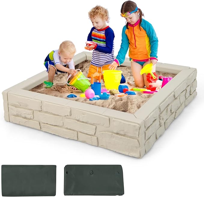 HONEY JOY Sandbox with Cover, 47x47 Inch Square Sand Pit for Backyard