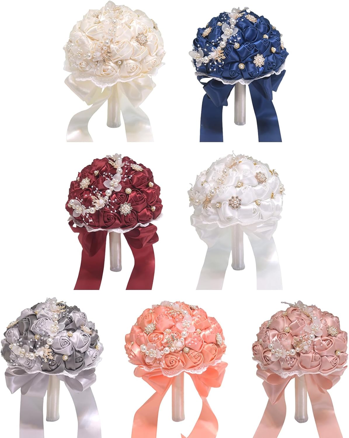 belupai Wedding Bouquet for Bride, Silk Rose Holding Toss Artificial Flowers Bouquets with Satin Ribbon Pearls Rhinestone Holding Flower for Bride Vintage Royal Wedding Bouquet (G)
