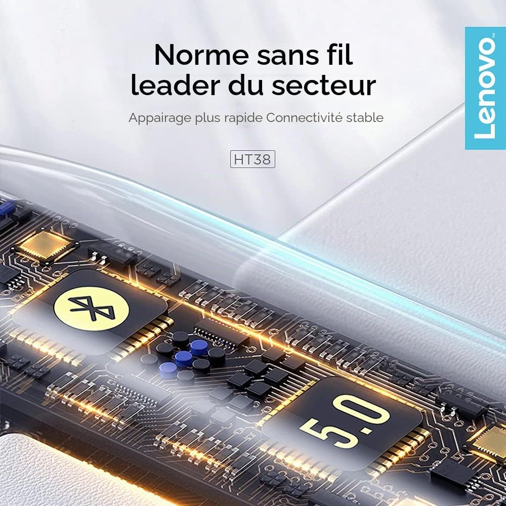 Lenovo – écouteurs sans Fil Bluetooth LivePods HT38 TWS, Mini Casque d'écoute, Commande Tactile 9D Stéréo, avec Micro, 30h d'autonomie